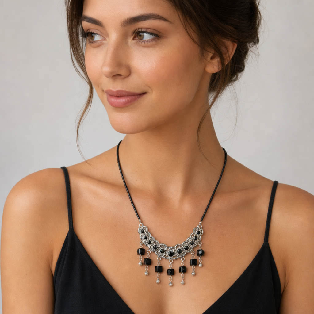 Black Crystal & Silver Chainmail Crescent Bib Necklace