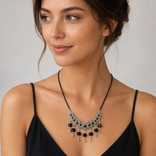 Black Crystal & Silver Chainmail Crescent Bib Necklace