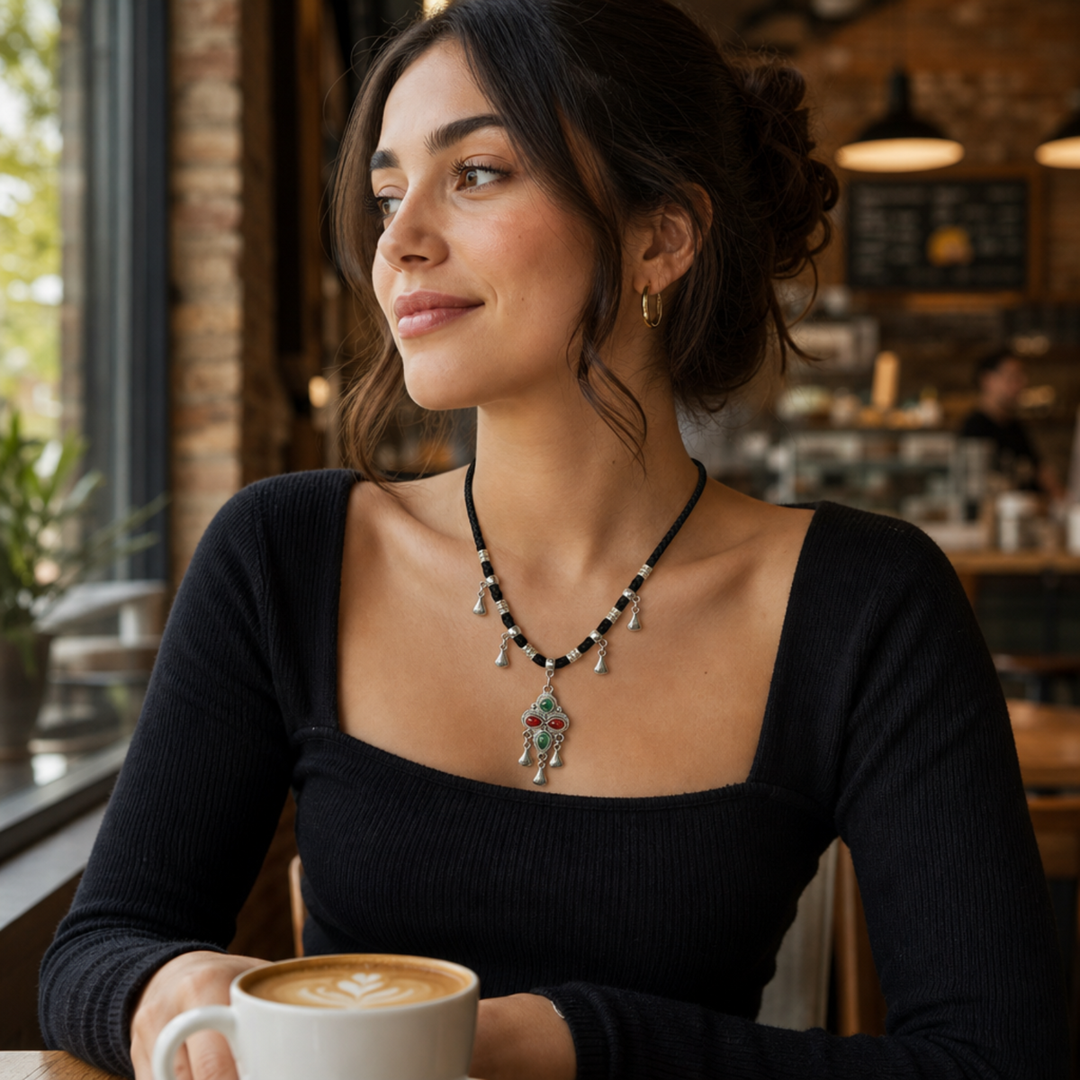 Berber Charm Necklace – Silver Pendant with Turquoise & Coral Stones