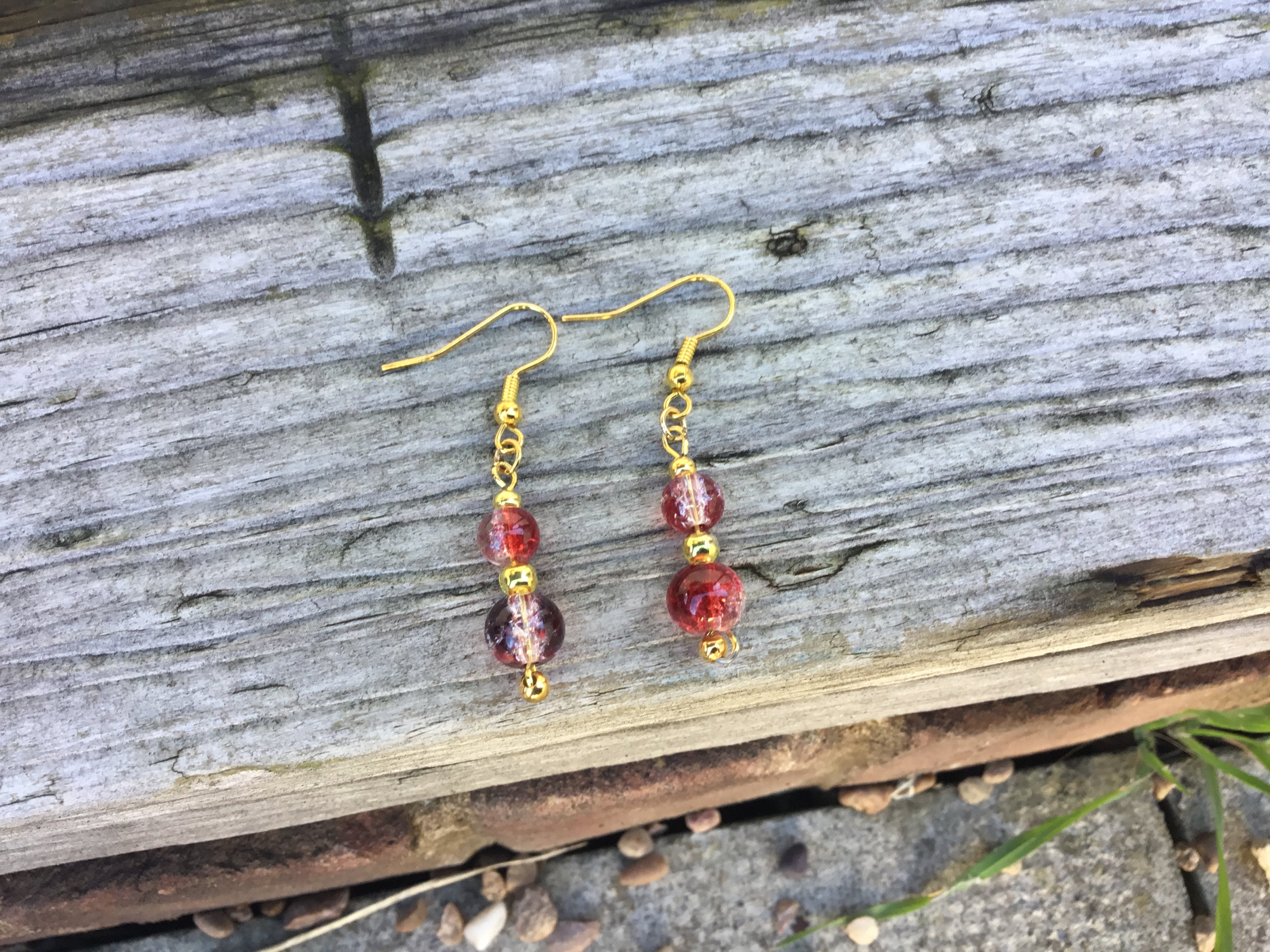 Red Crackle Glass Bead Drop Earrings | Gold Tone – Ezzara Designs