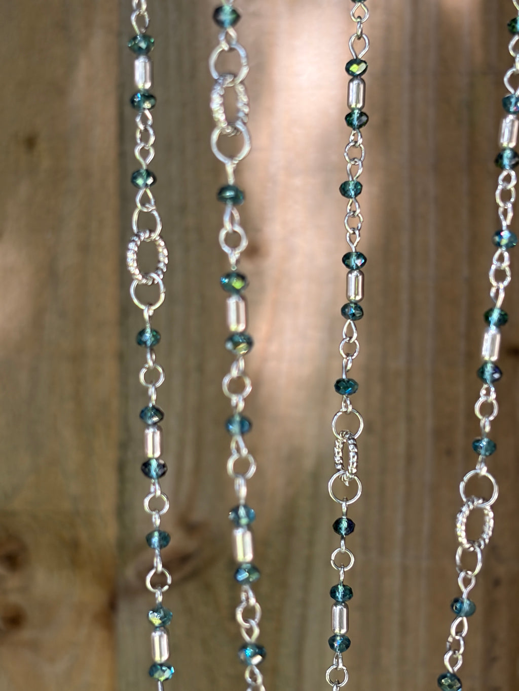 Long Teal Crystal & Silver Rope Ring Necklace