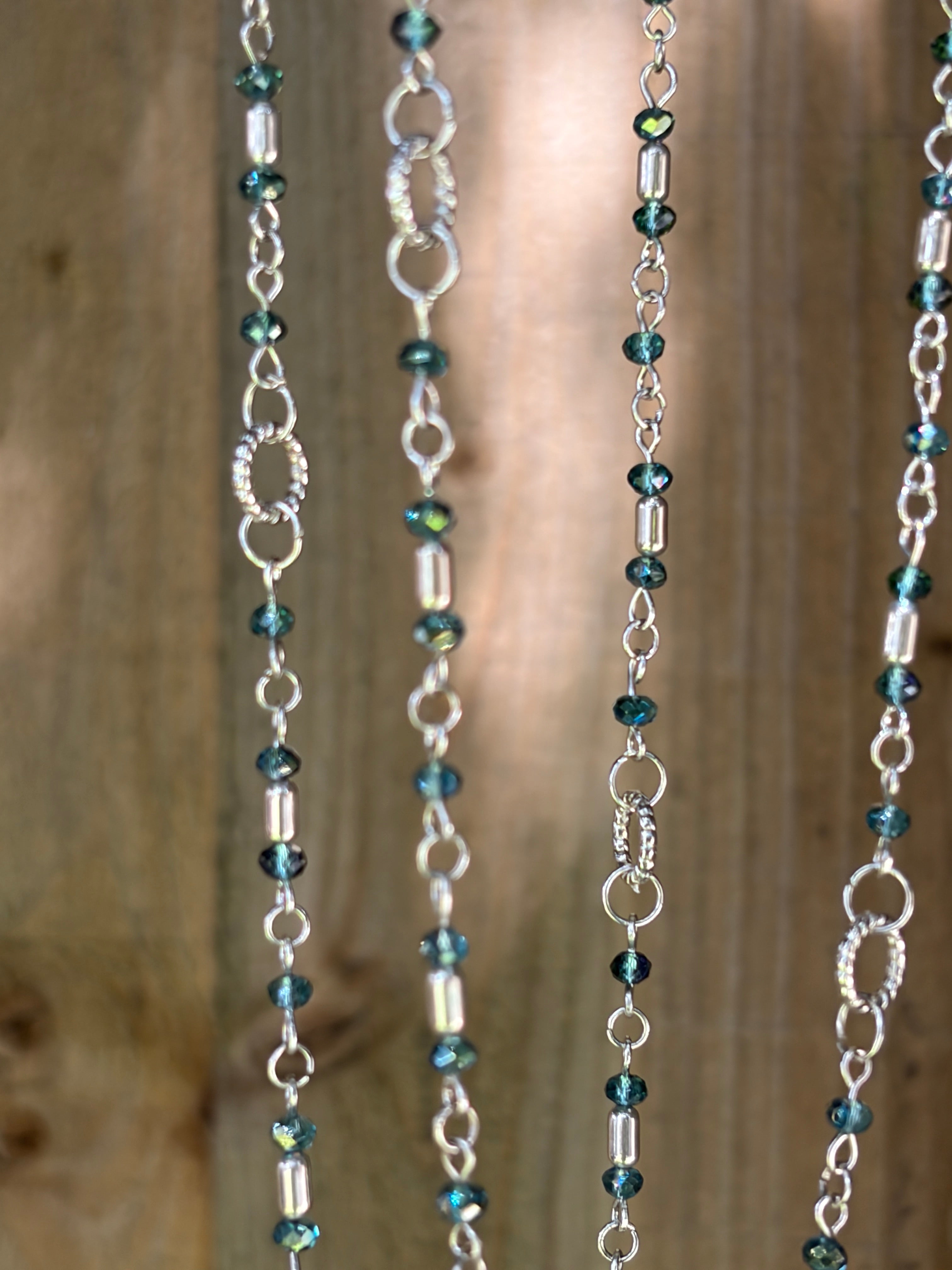Long Teal Crystal & Silver Rope Ring Necklace