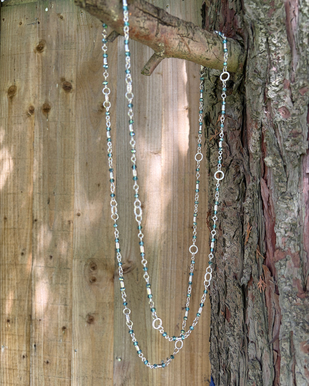 Long Teal Crystal & Silver Rope Ring Necklace