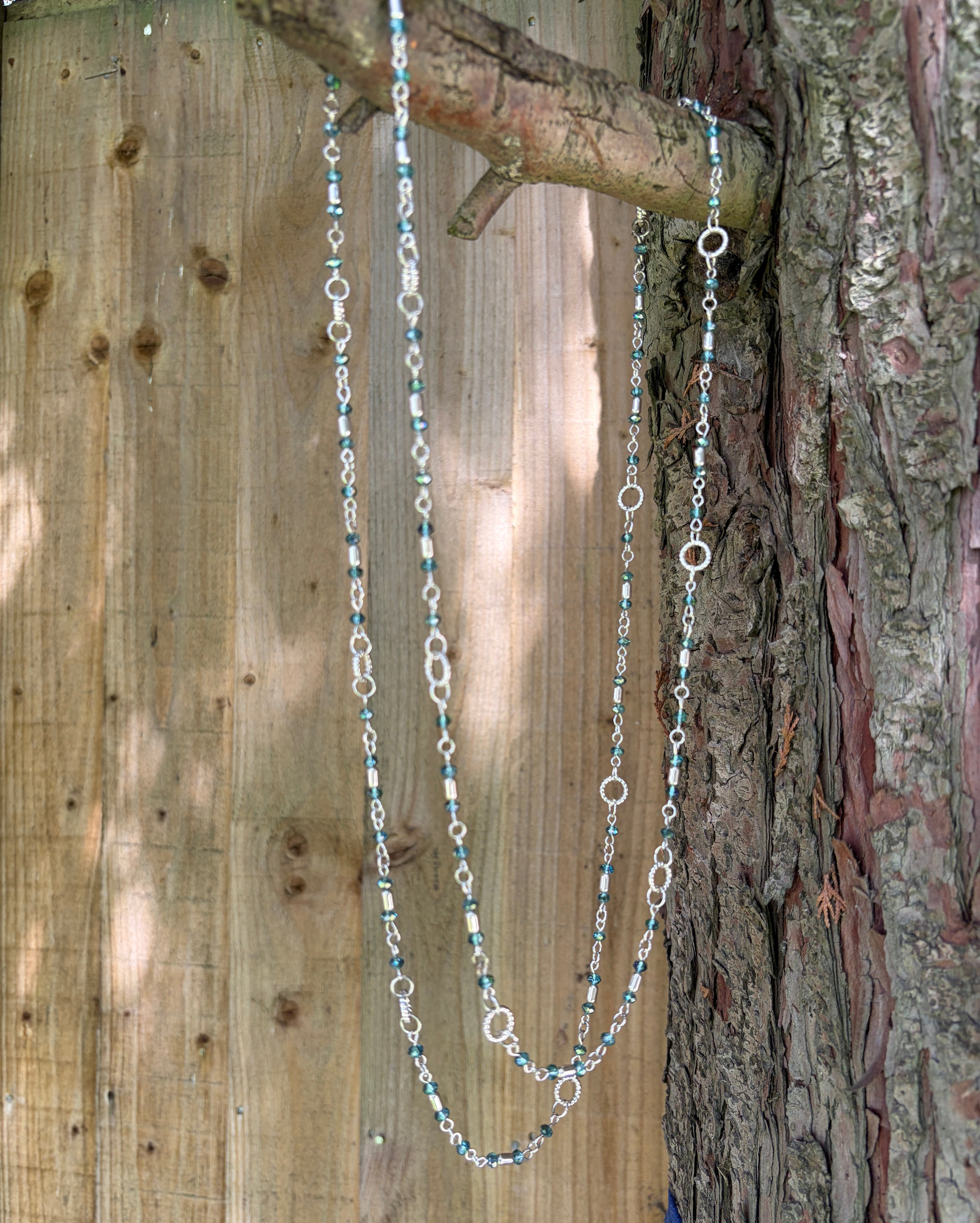 Long Teal Crystal & Silver Rope Ring Necklace