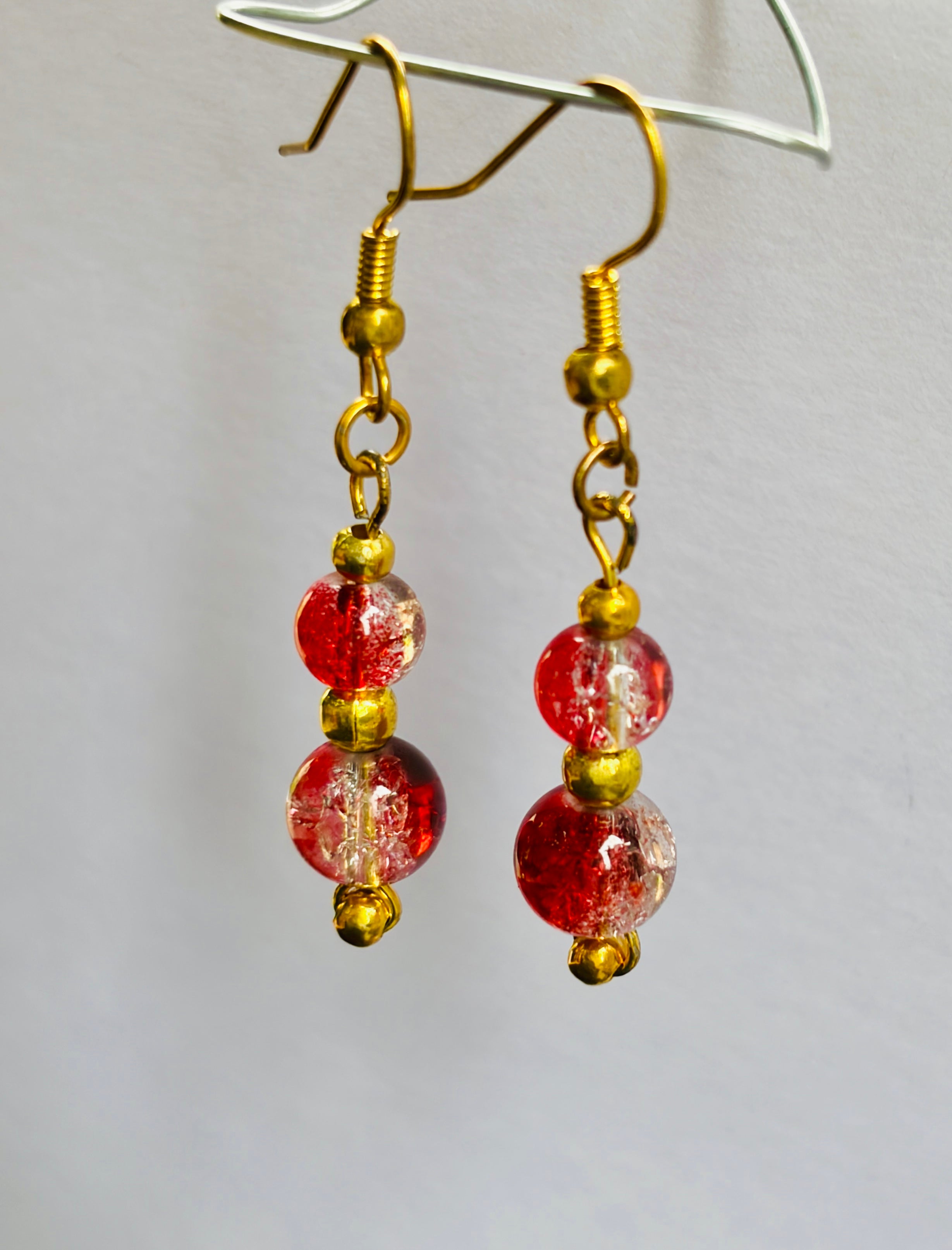 Red Crackle Glass Bead Drop Earrings | Gold Tone – Ezzara Designs