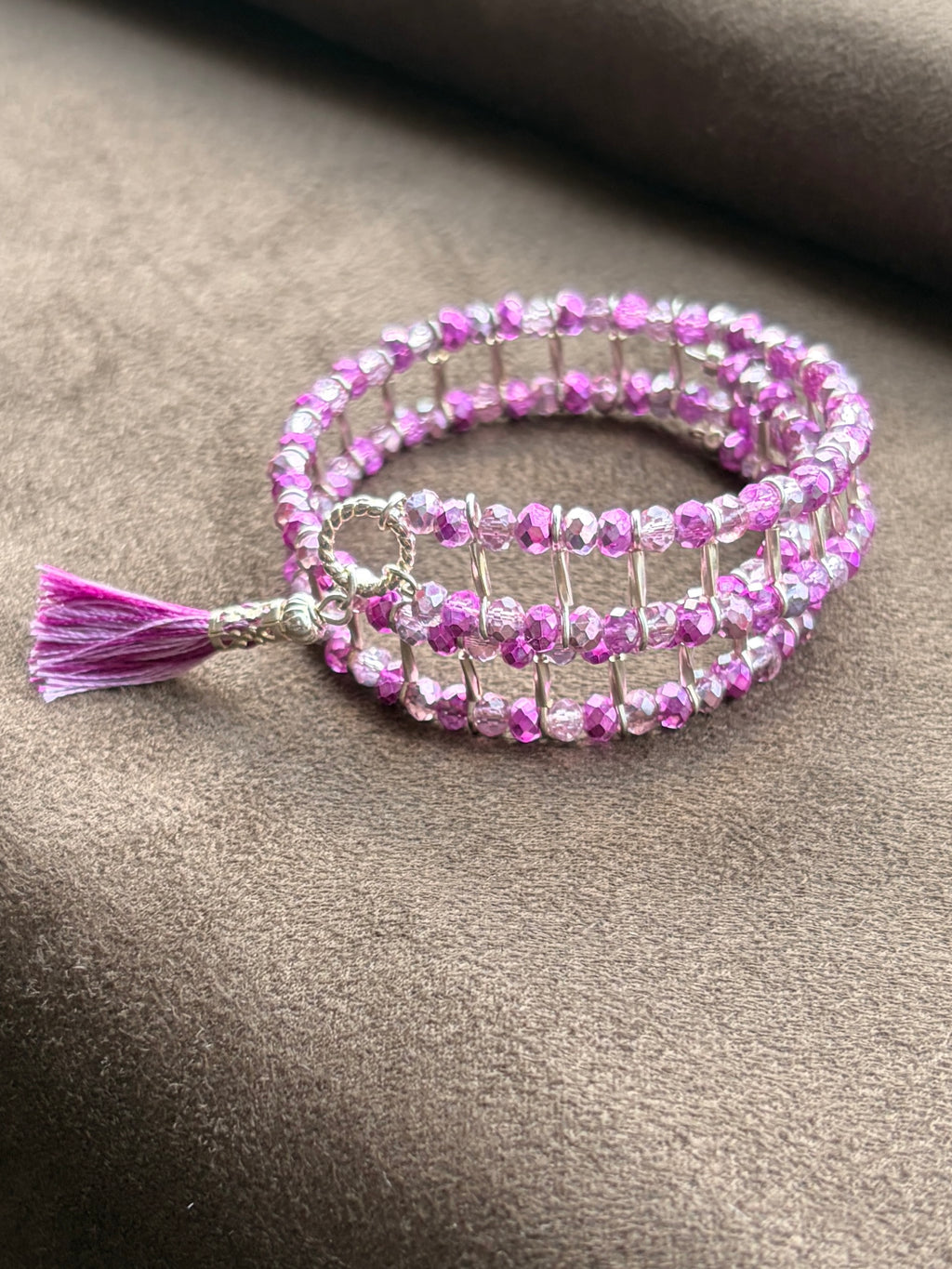 Multi-Strand Crystal Bead Memory Wire Bracelet | Fuchsia & Lilac with Silver Spacers & Tassel