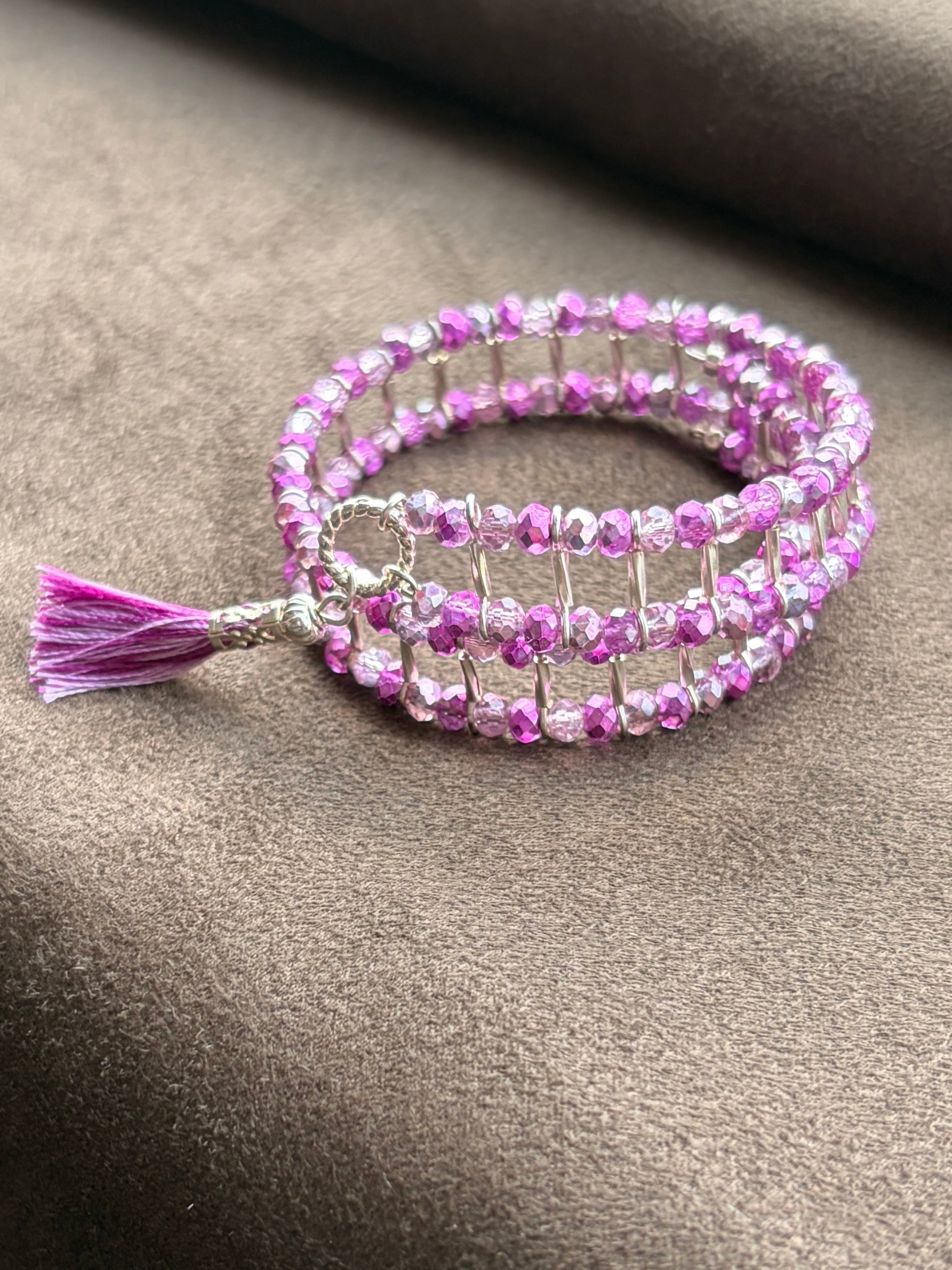 Multi-Strand Crystal Bead Memory Wire Bracelet | Fuchsia & Lilac with Silver Spacers & Tassel