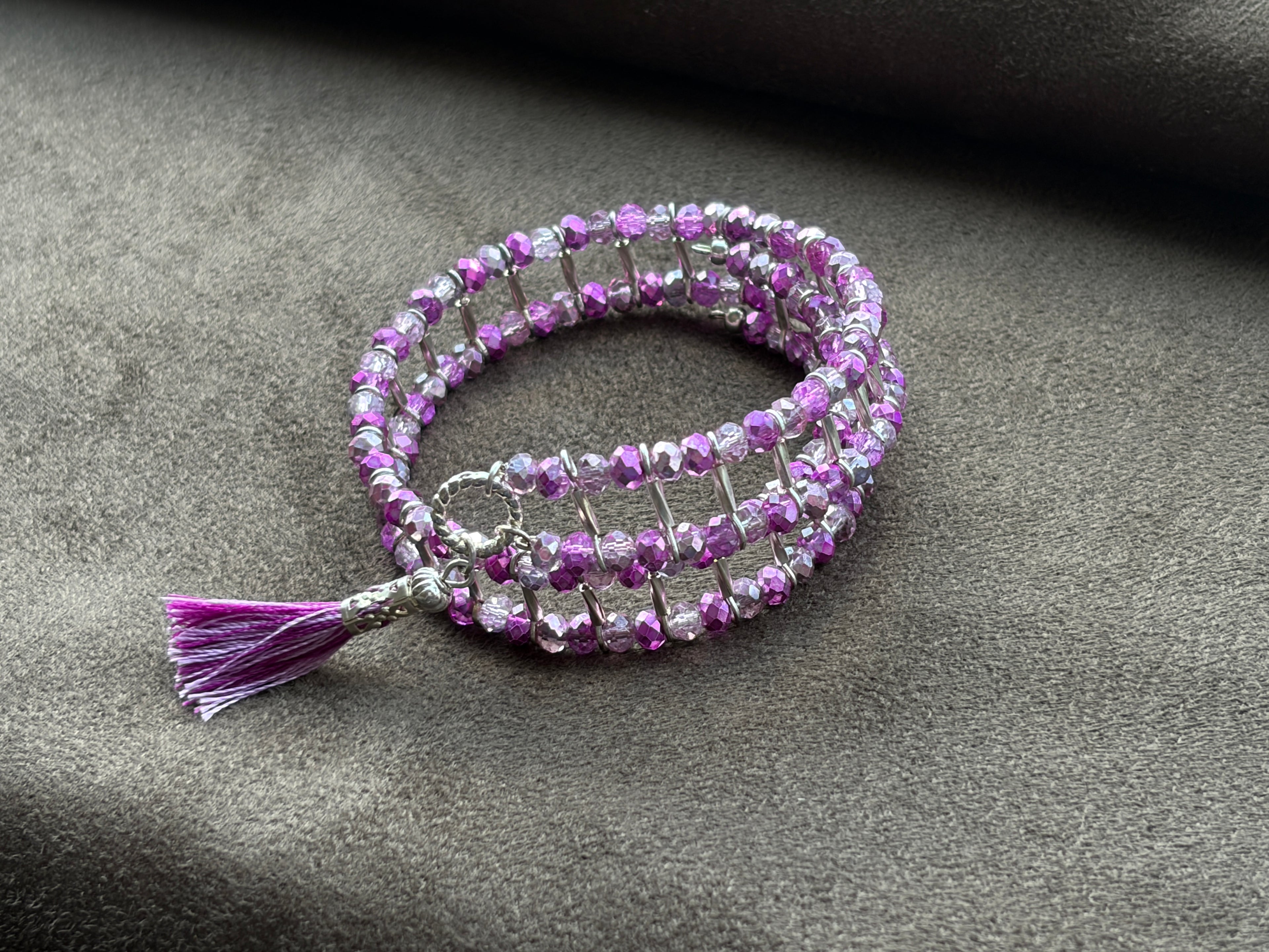 Multi-Strand Crystal Bead Memory Wire Bracelet | Fuchsia & Lilac with Silver Spacers & Tassel