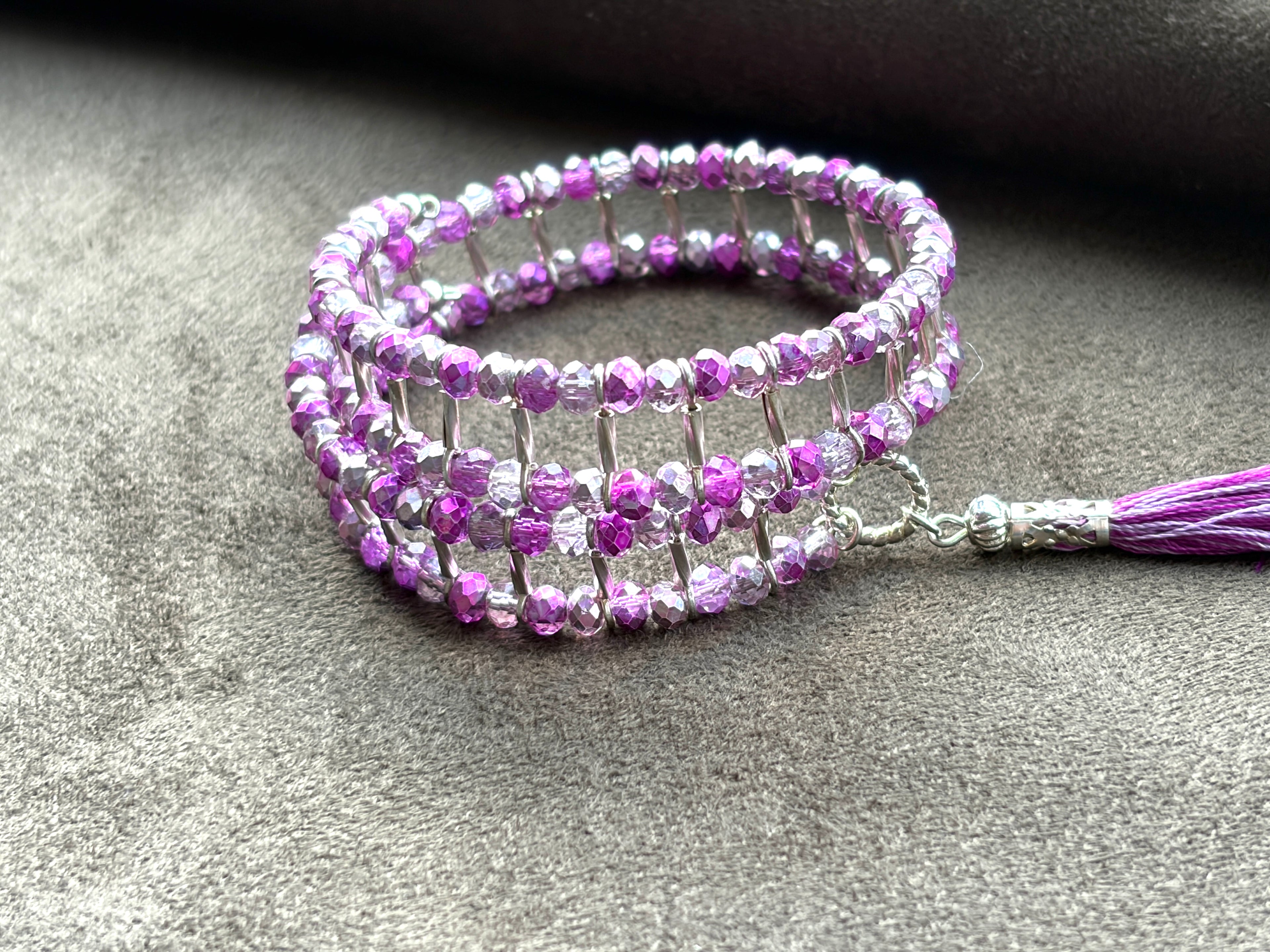 Multi-Strand Crystal Bead Memory Wire Bracelet | Fuchsia & Lilac with Silver Spacers & Tassel