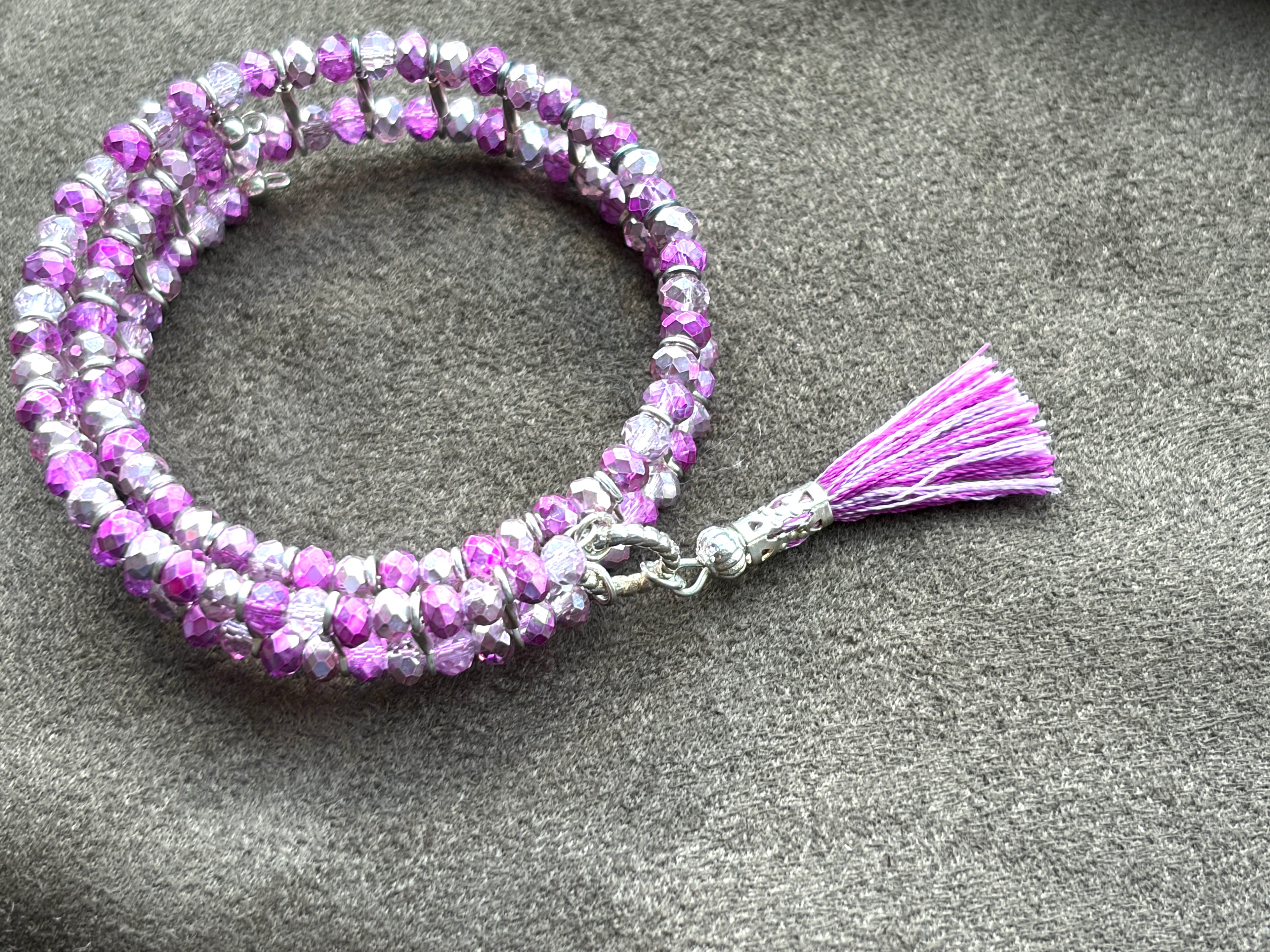 Multi-Strand Crystal Bead Memory Wire Bracelet | Fuchsia & Lilac with Silver Spacers & Tassel
