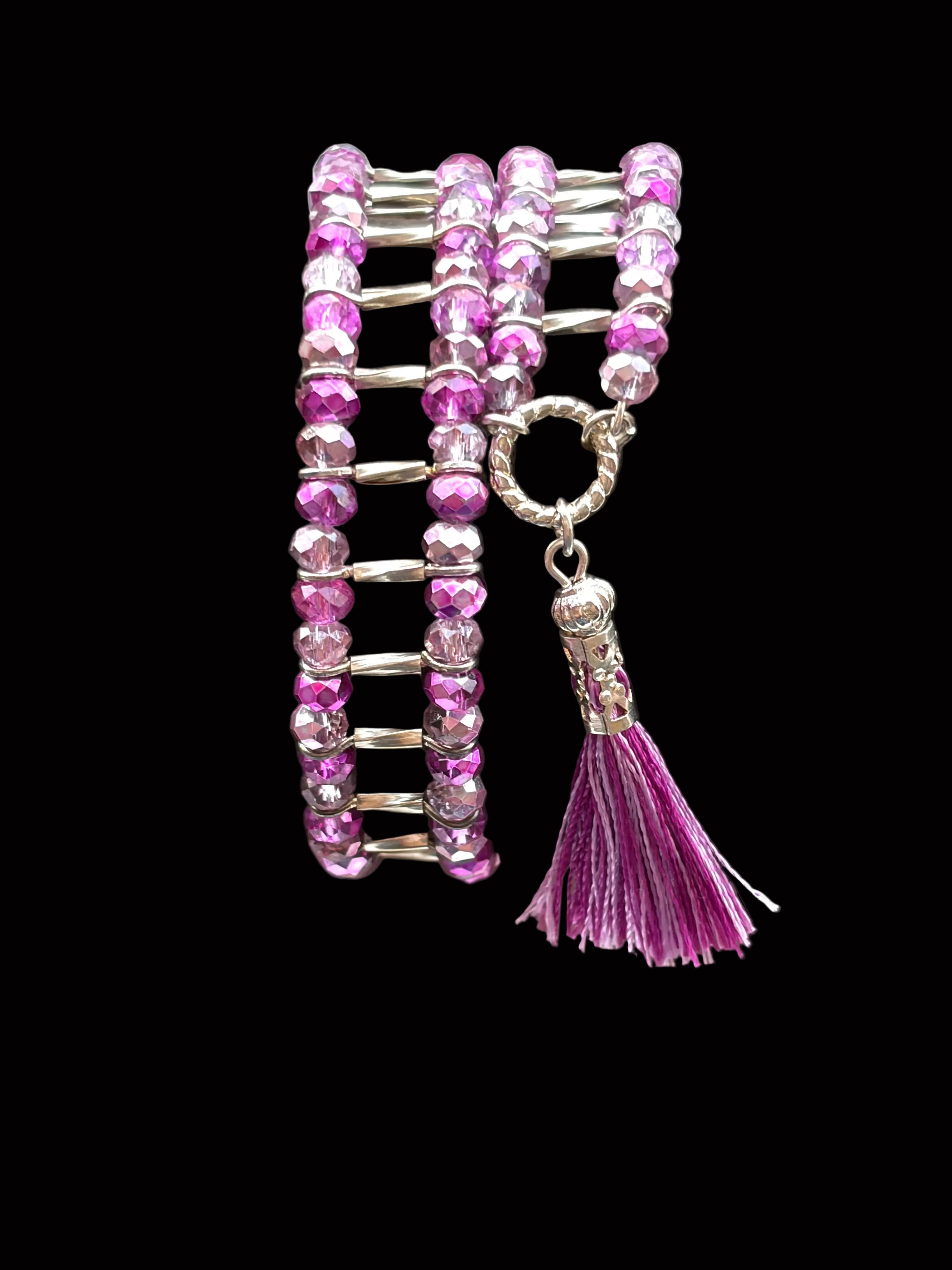 Multi-Strand Crystal Bead Memory Wire Bracelet | Fuchsia & Lilac with Silver Spacers & Tassel