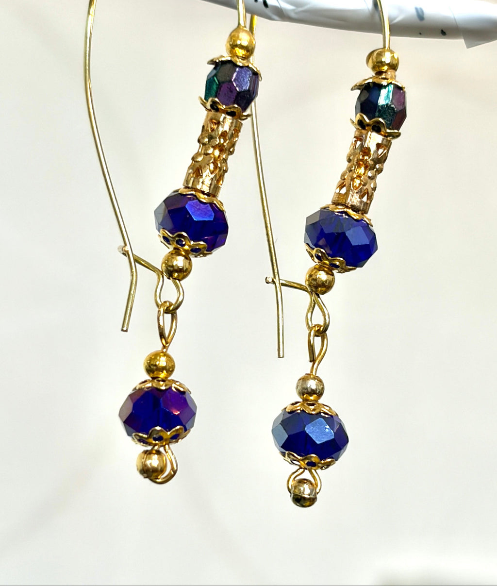 Indigo Crystal & Gold Drop Earrings
