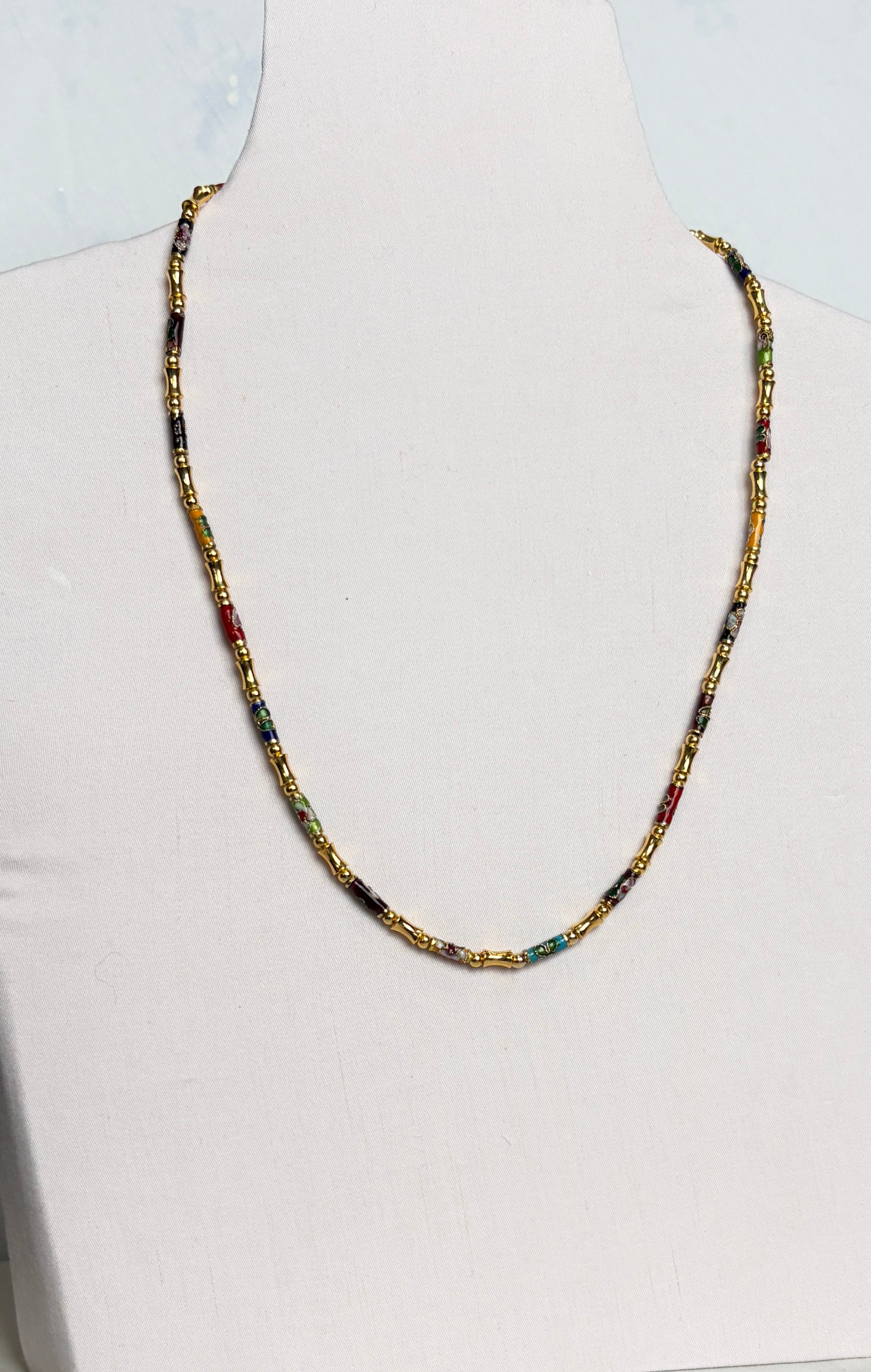 Vintage Cloisonné Tube Bead Necklace with Gold Spacers