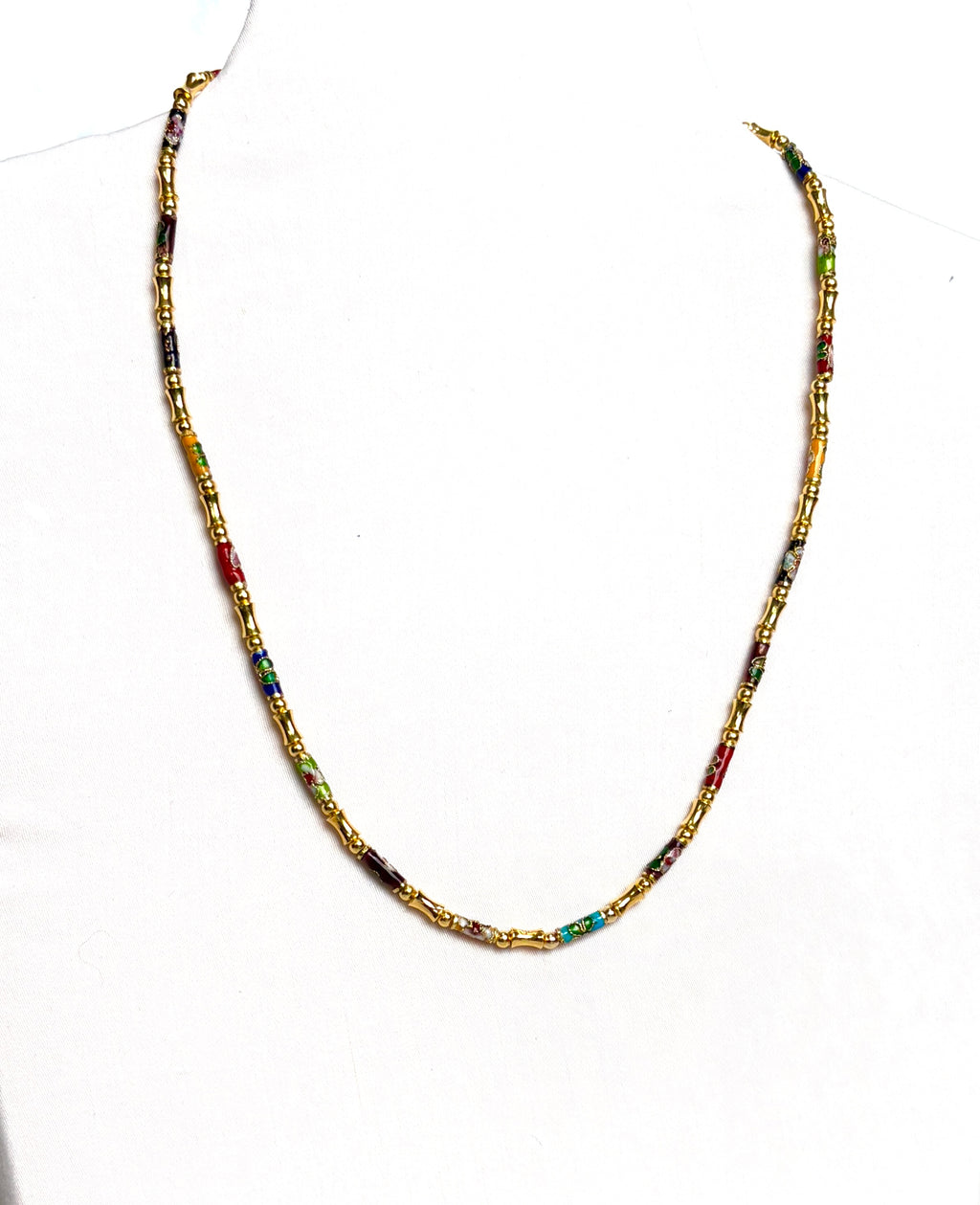 Vintage Cloisonné Tube Bead Necklace with Gold Spacers