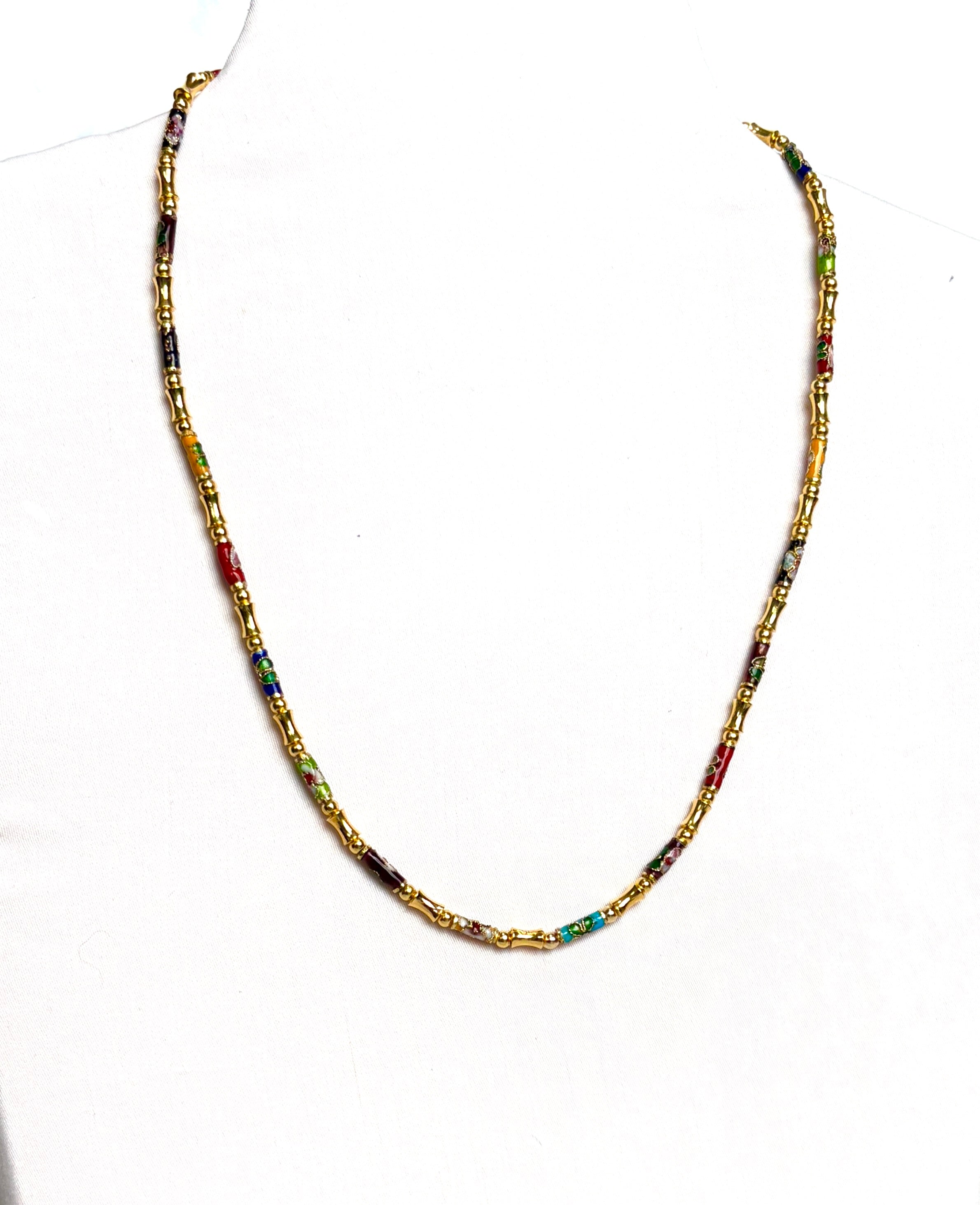 Vintage Cloisonné Tube Bead Necklace with Gold Spacers