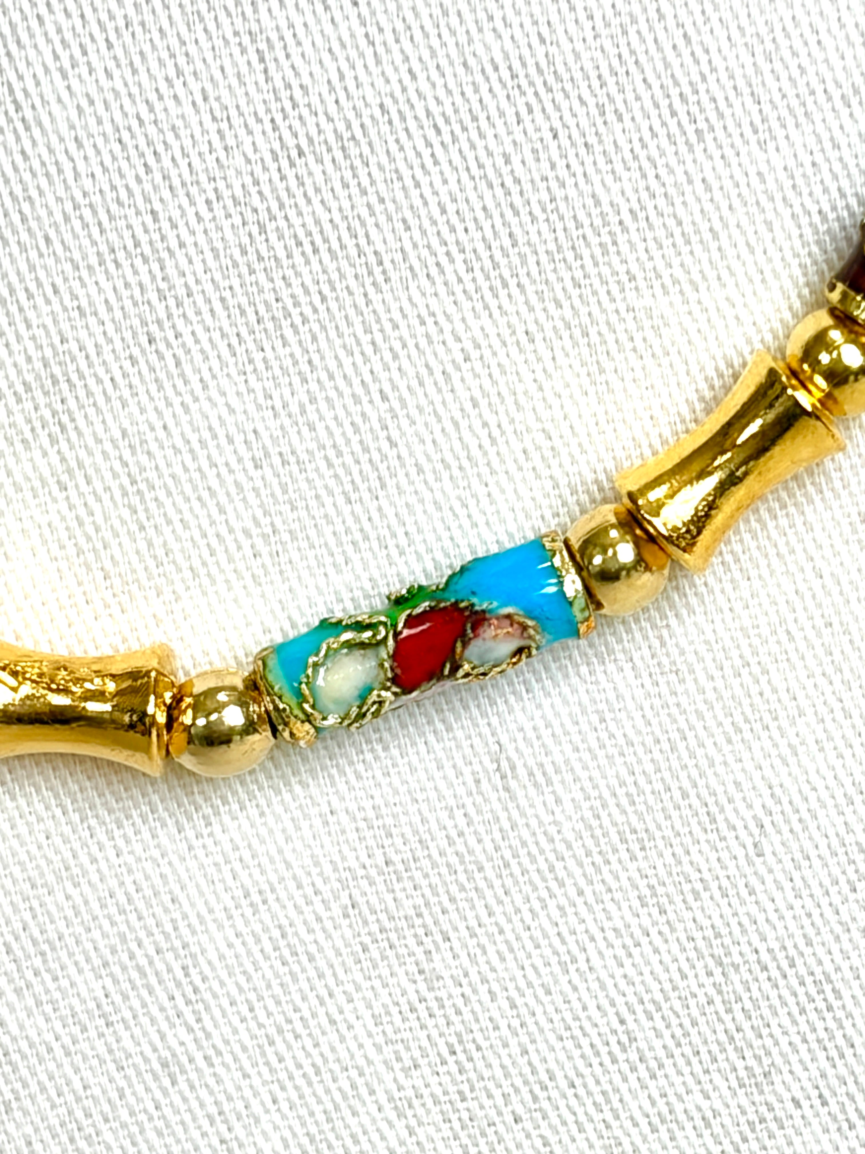 Vintage Cloisonné Tube Bead Necklace with Gold Spacers