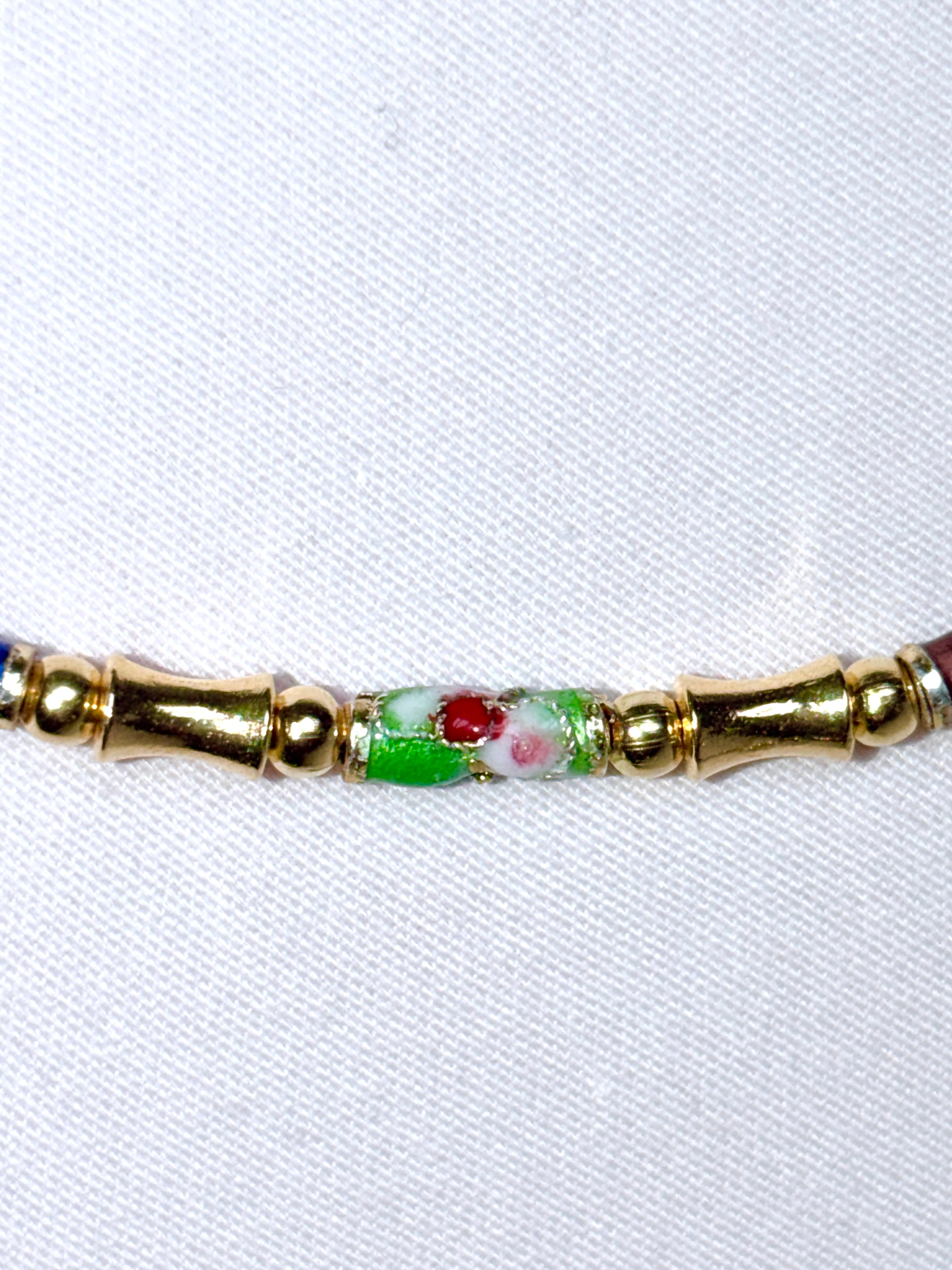 Vintage Cloisonné Tube Bead Necklace with Gold Spacers