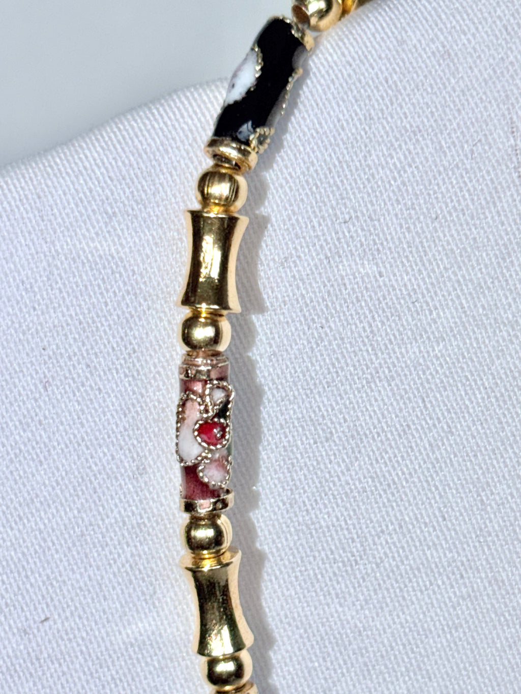 Vintage Cloisonné Tube Bead Necklace with Gold Spacers