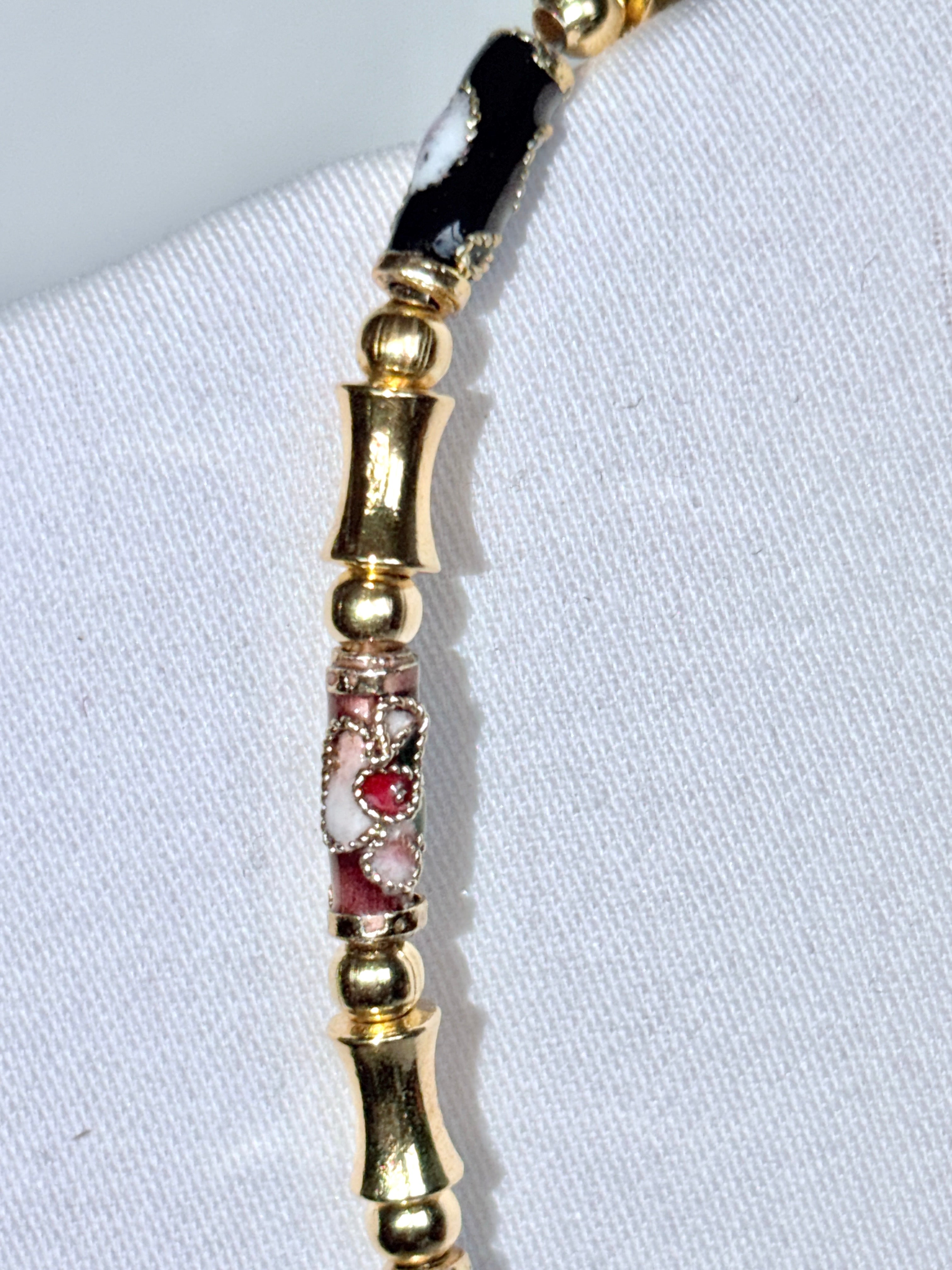 Vintage Cloisonné Tube Bead Necklace with Gold Spacers