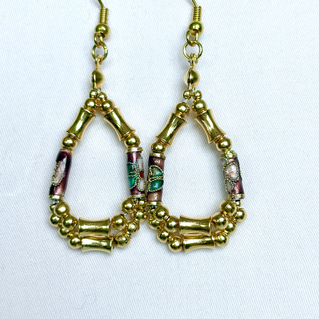 Vintage Cloisonné & Gold Bamboo Teardrop Hoop Earrings