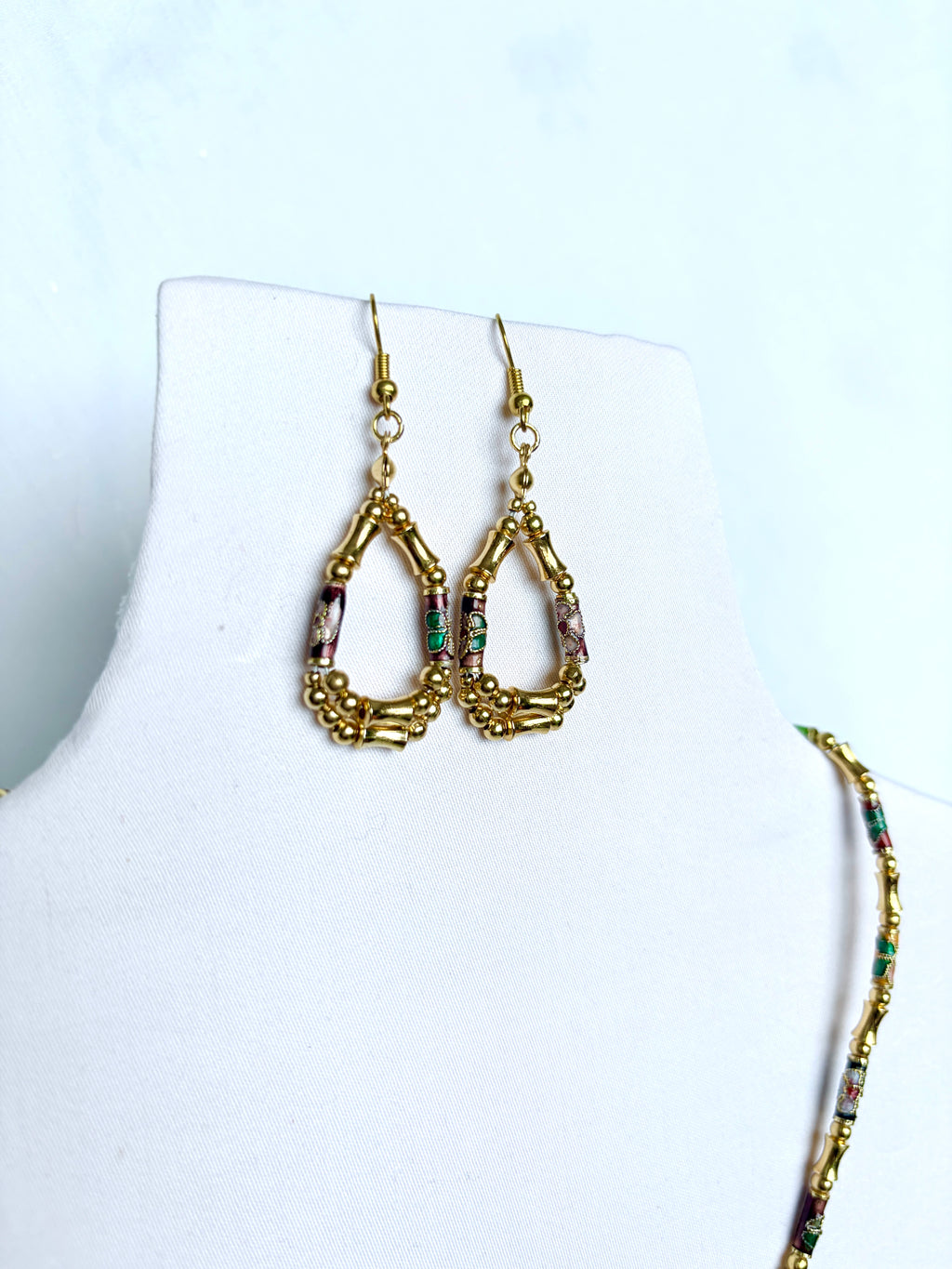 Vintage Cloisonné & Gold Bamboo Teardrop Hoop Earrings