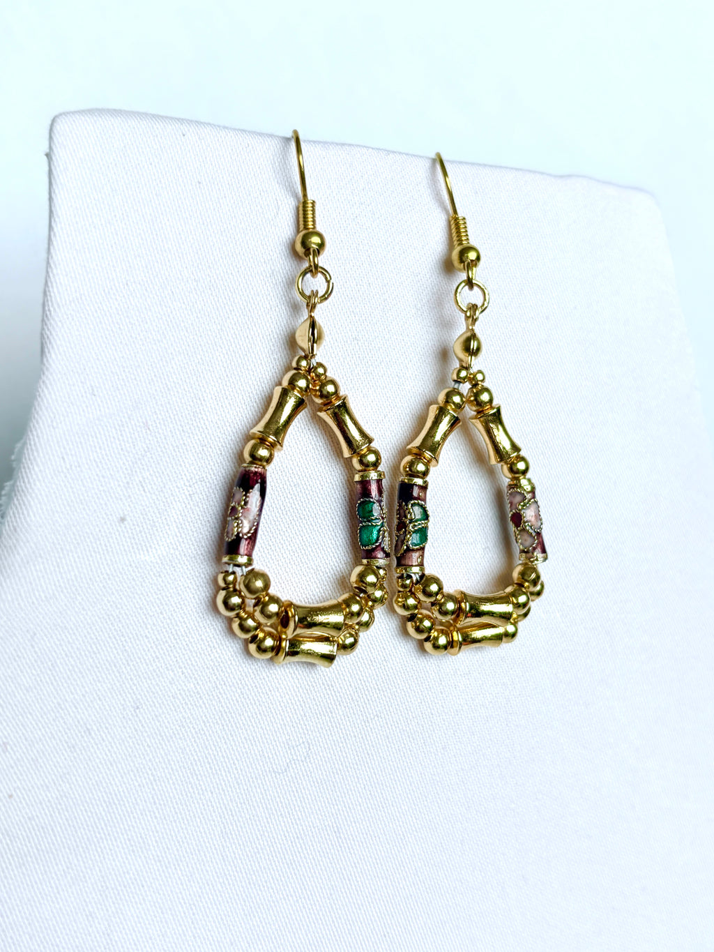 Vintage Cloisonné & Gold Bamboo Teardrop Hoop Earrings