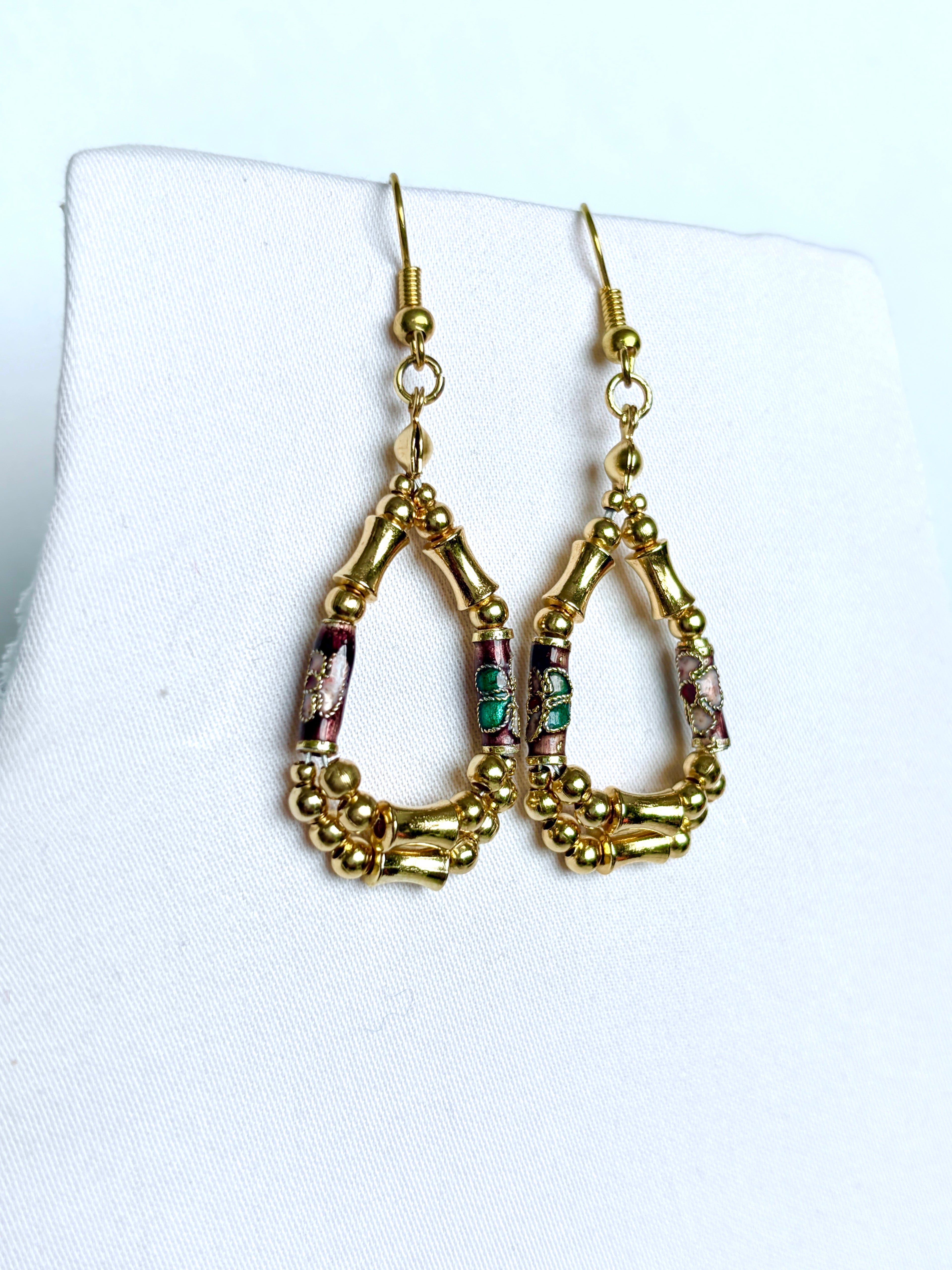 Vintage Cloisonné & Gold Bamboo Teardrop Hoop Earrings