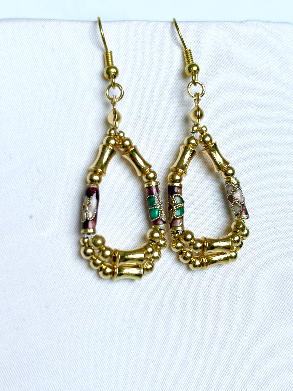 Vintage Cloisonné & Gold Bamboo Teardrop Hoop Earrings