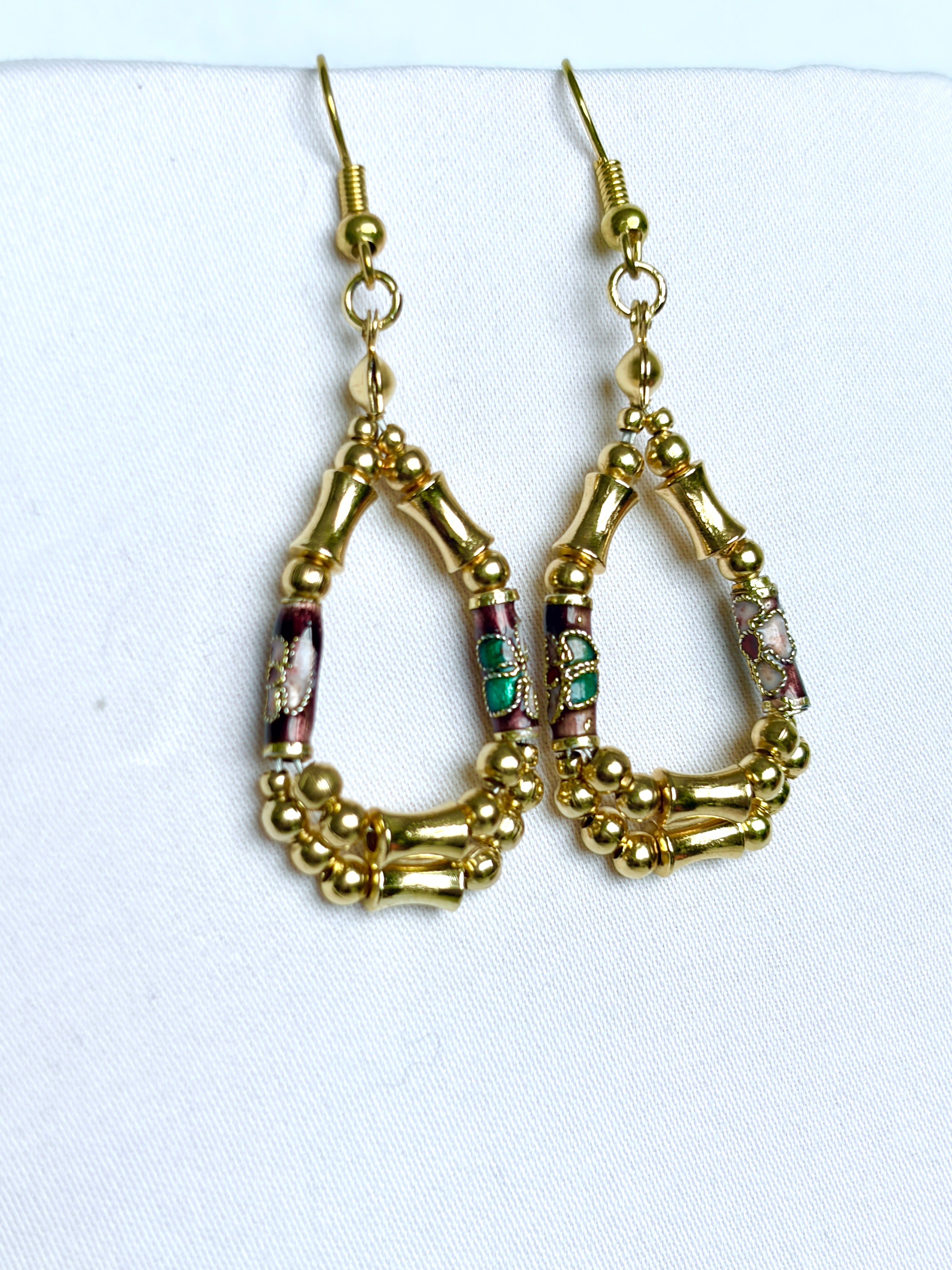 Vintage Cloisonné & Gold Bamboo Teardrop Hoop Earrings