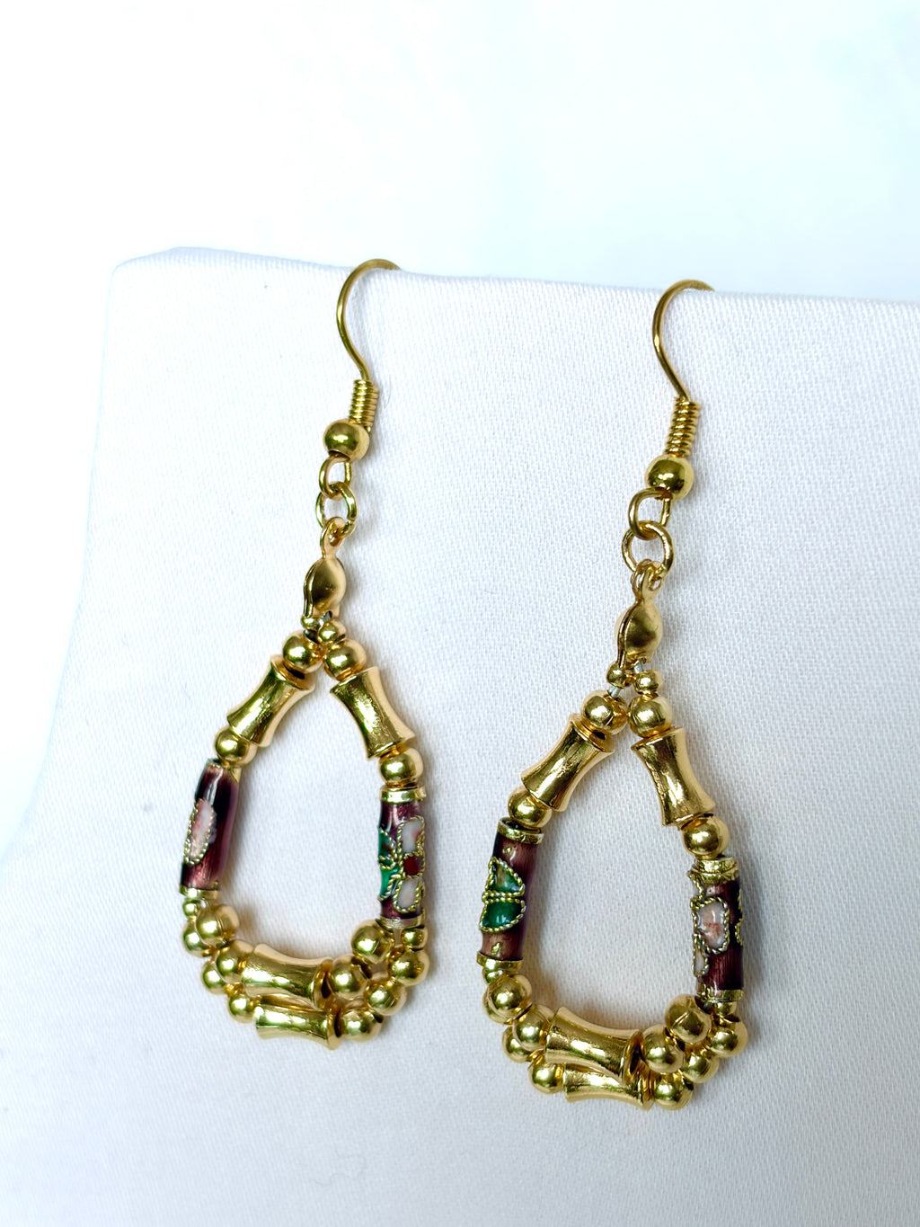 Vintage Cloisonné & Gold Bamboo Teardrop Hoop Earrings