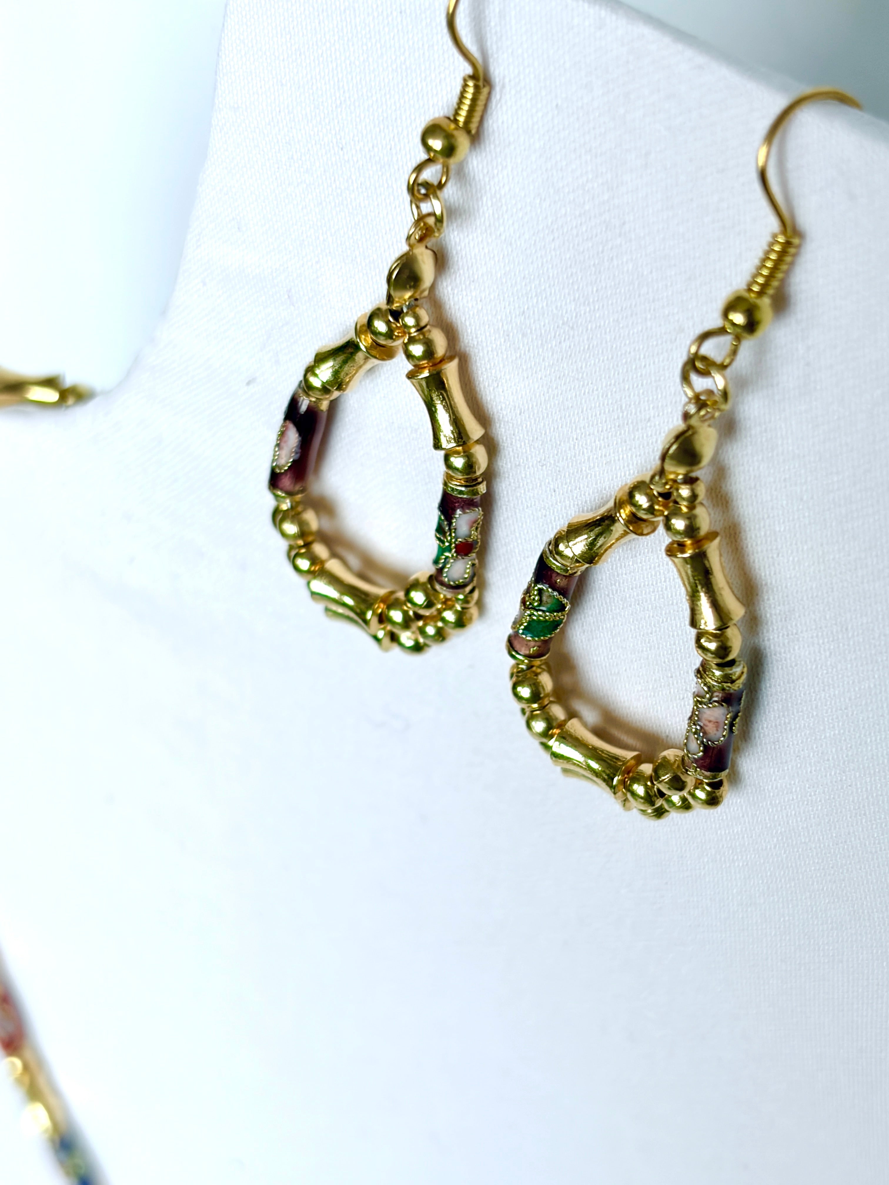 Vintage Cloisonné & Gold Bamboo Teardrop Hoop Earrings