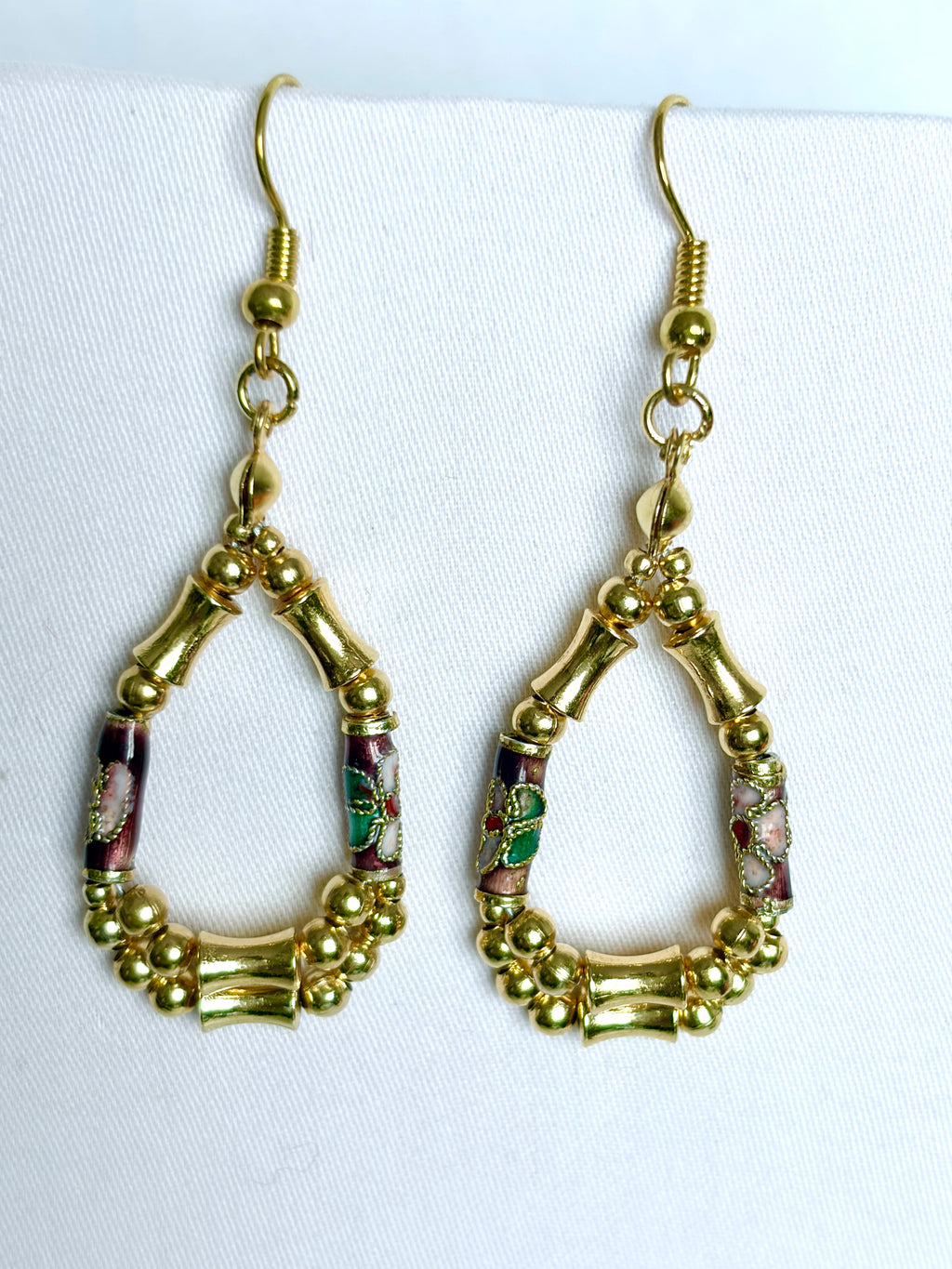 Vintage Cloisonné & Gold Bamboo Teardrop Hoop Earrings