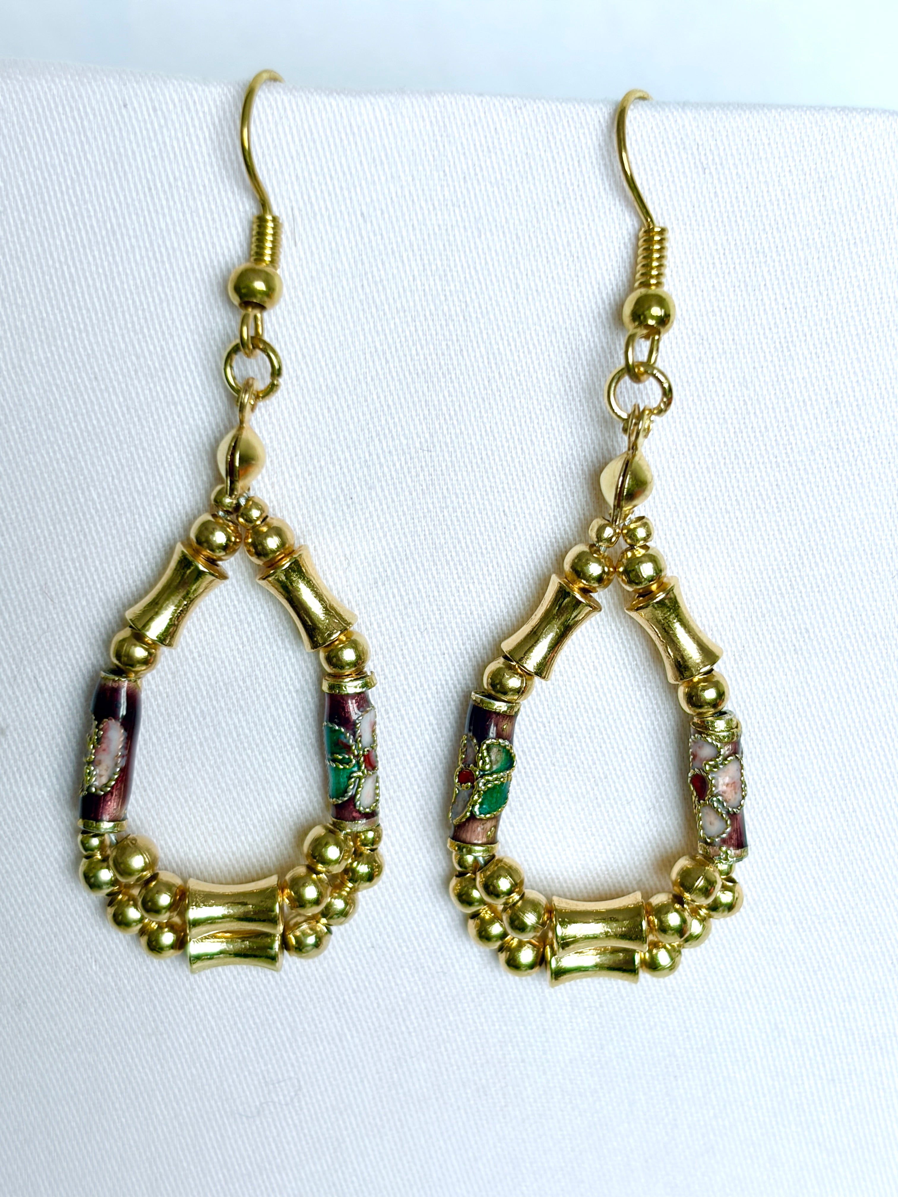 Vintage Cloisonné & Gold Bamboo Teardrop Hoop Earrings