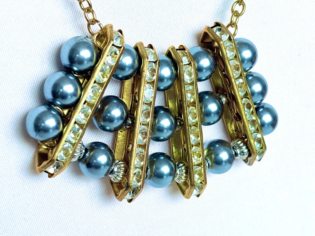 Grey Pearl and Rhinestone Bar Necklace