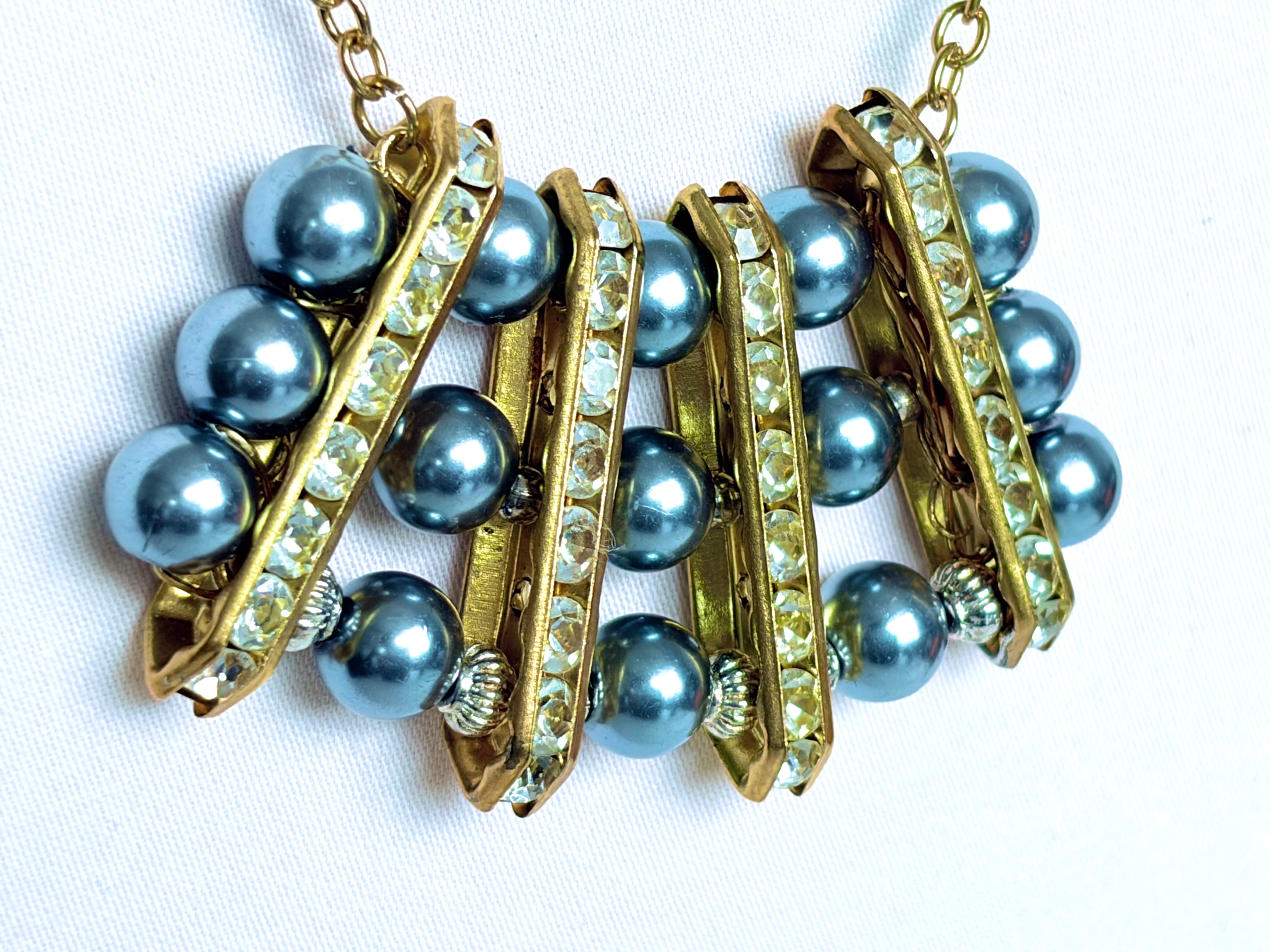 Grey Pearl and Rhinestone Bar Necklace