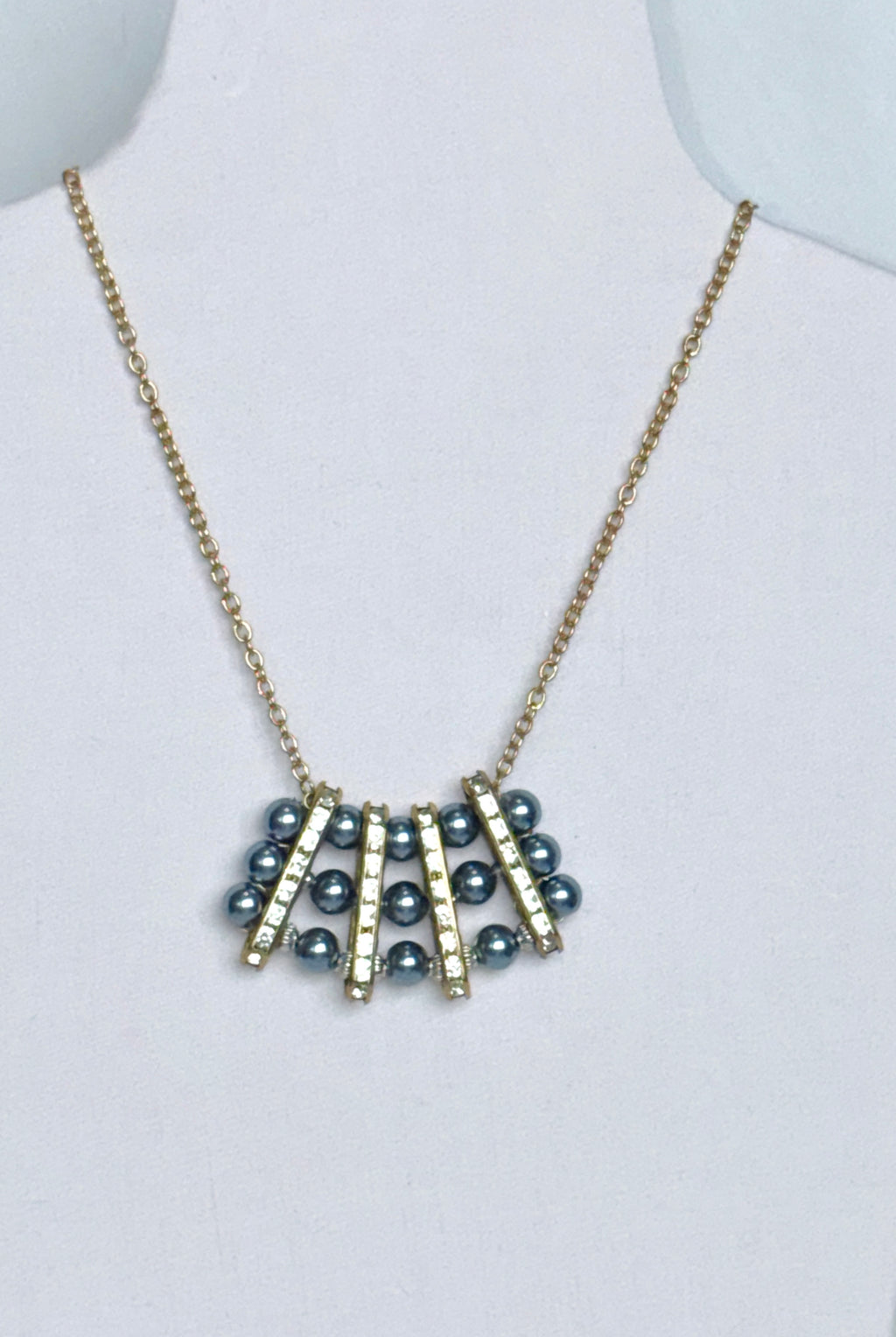 Grey Pearl and Rhinestone Bar Necklace