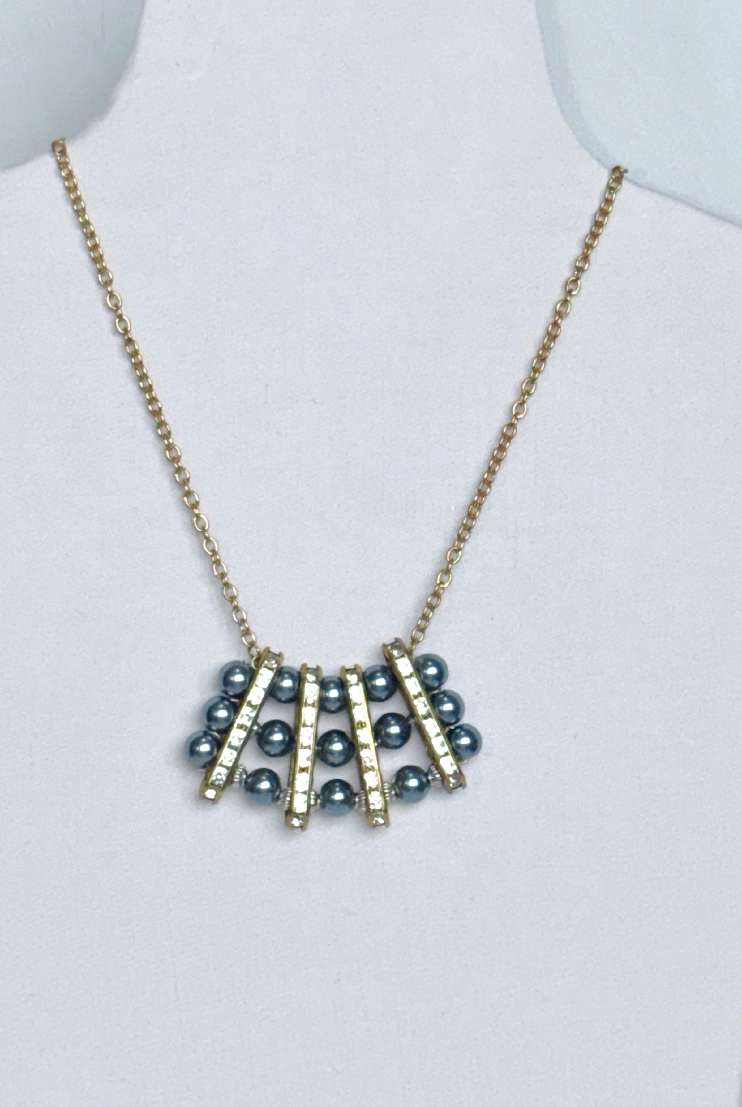 Grey Pearl and Rhinestone Bar Necklace
