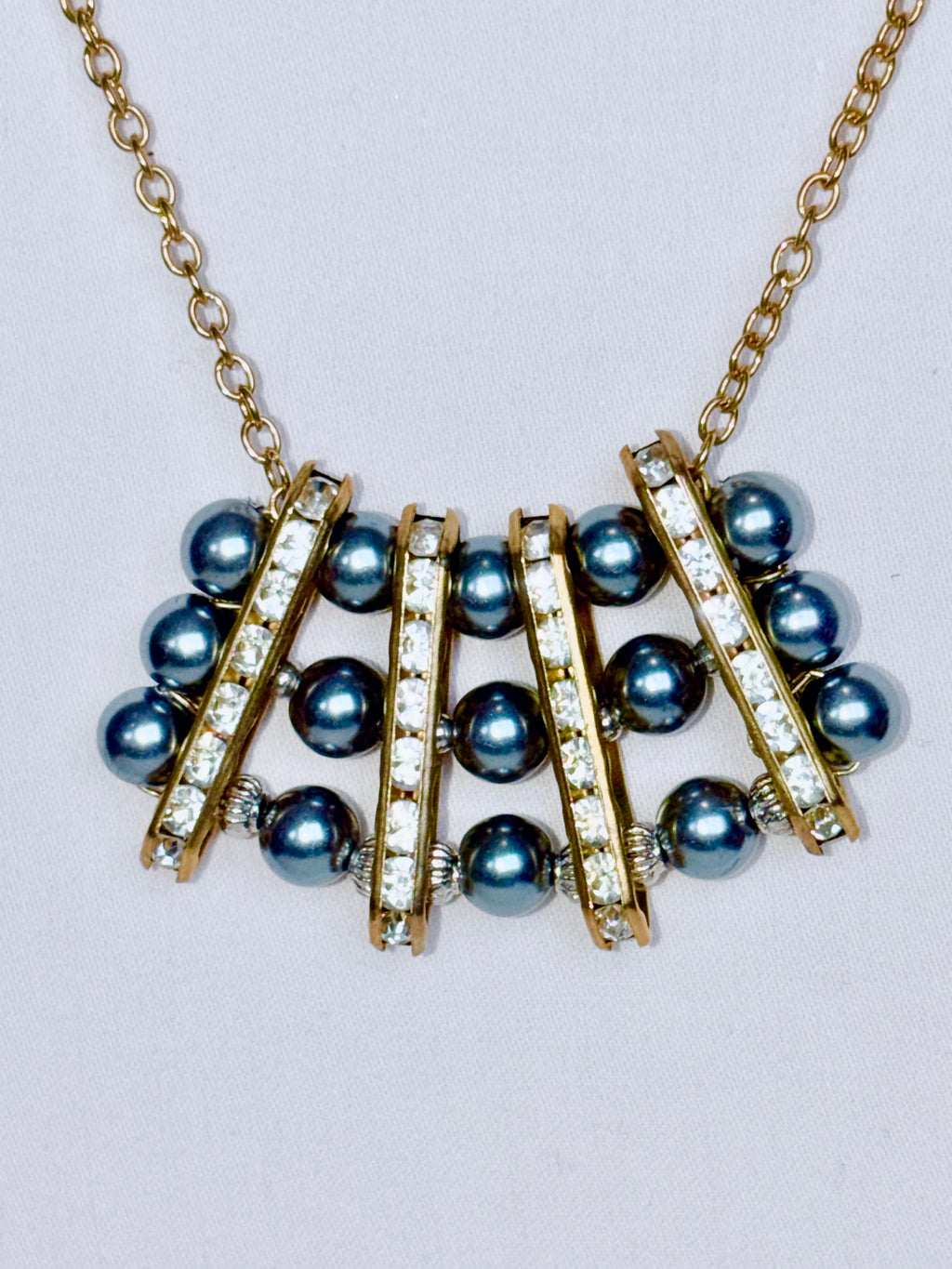 Grey Pearl and Rhinestone Bar Necklace