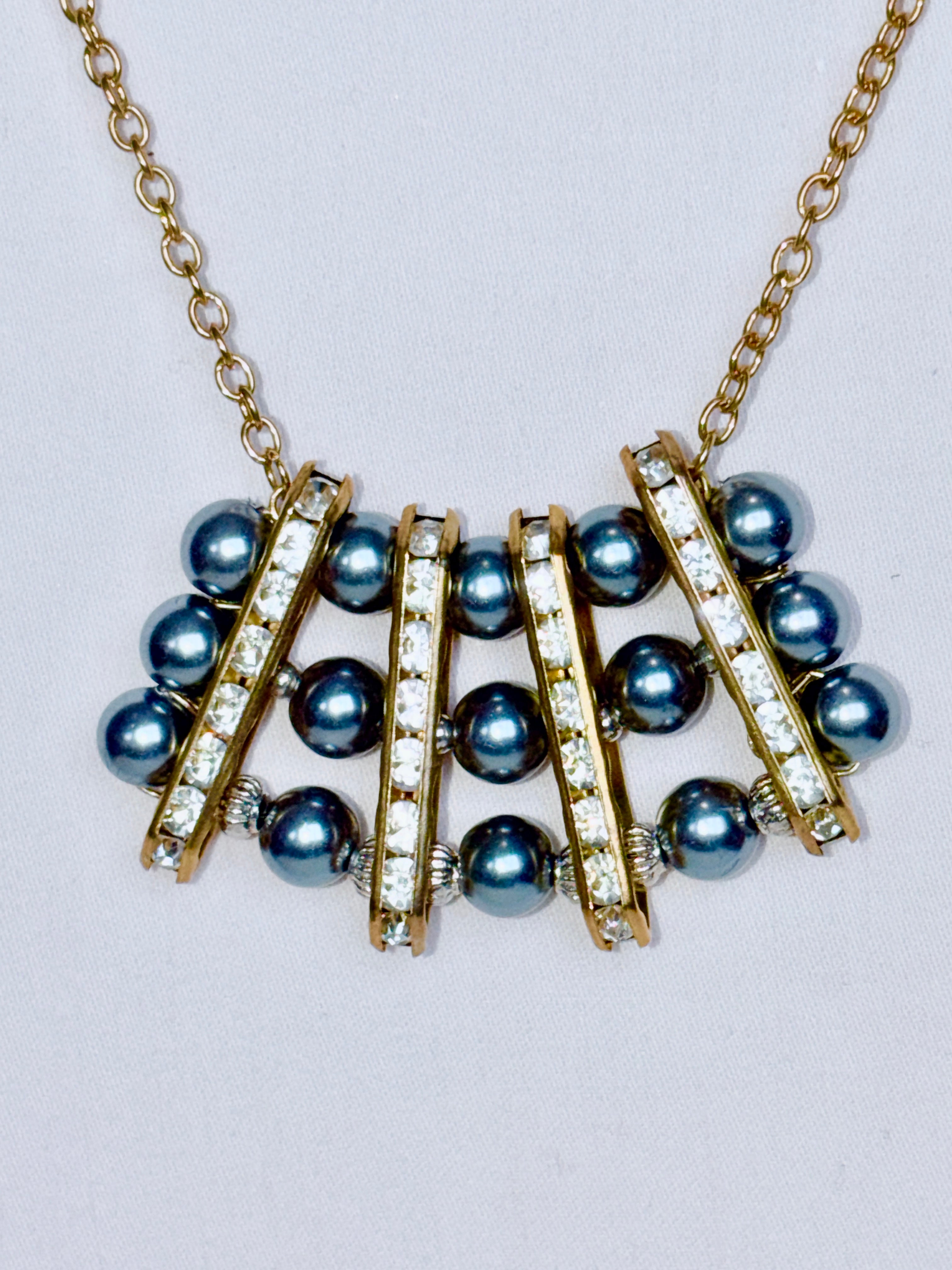 Grey Pearl and Rhinestone Bar Necklace