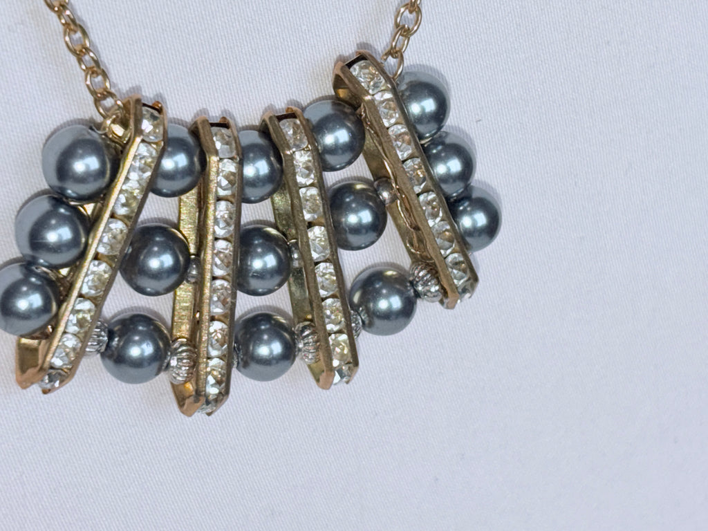 Grey Pearl and Rhinestone Bar Necklace