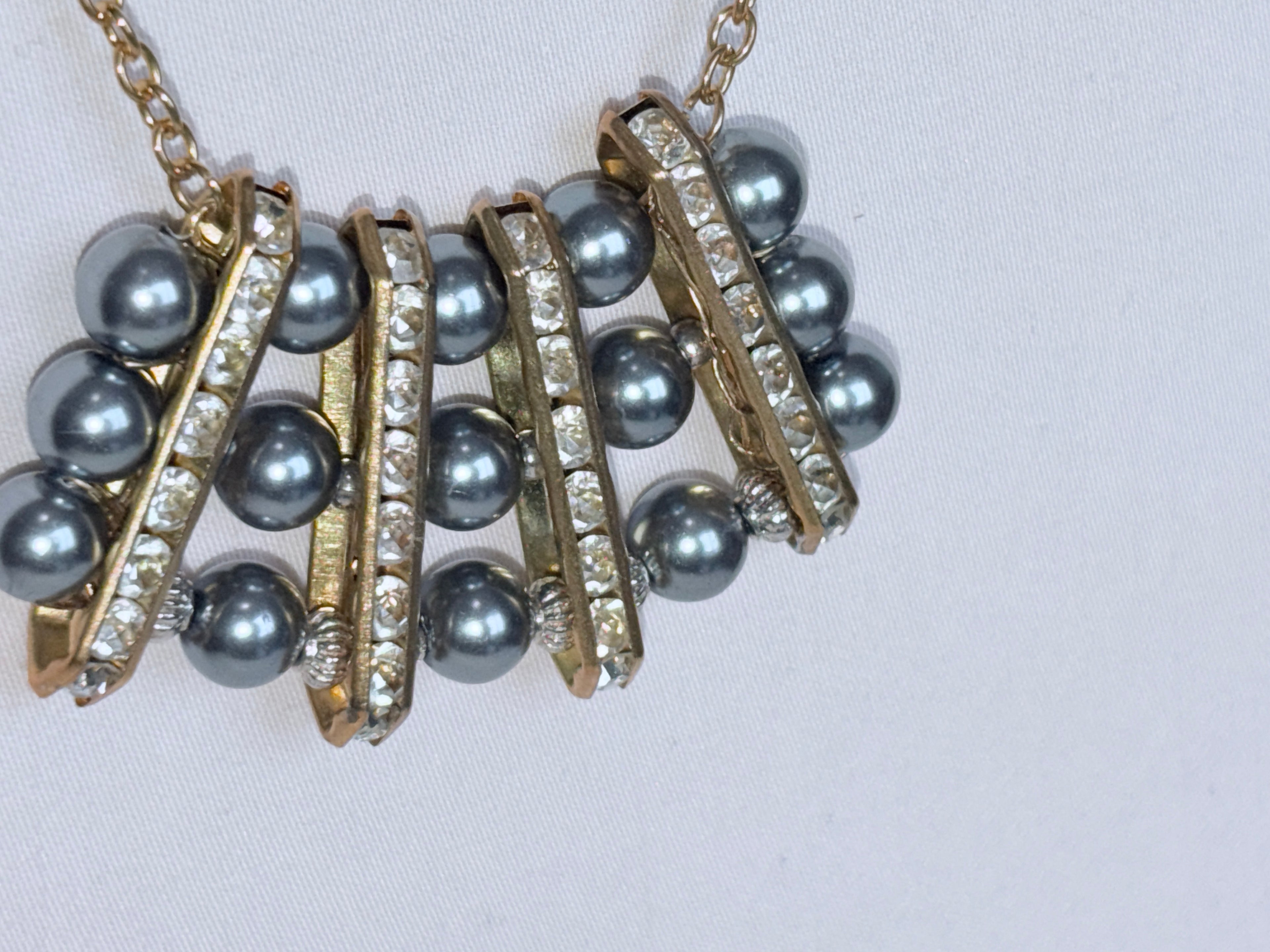 Grey Pearl and Rhinestone Bar Necklace