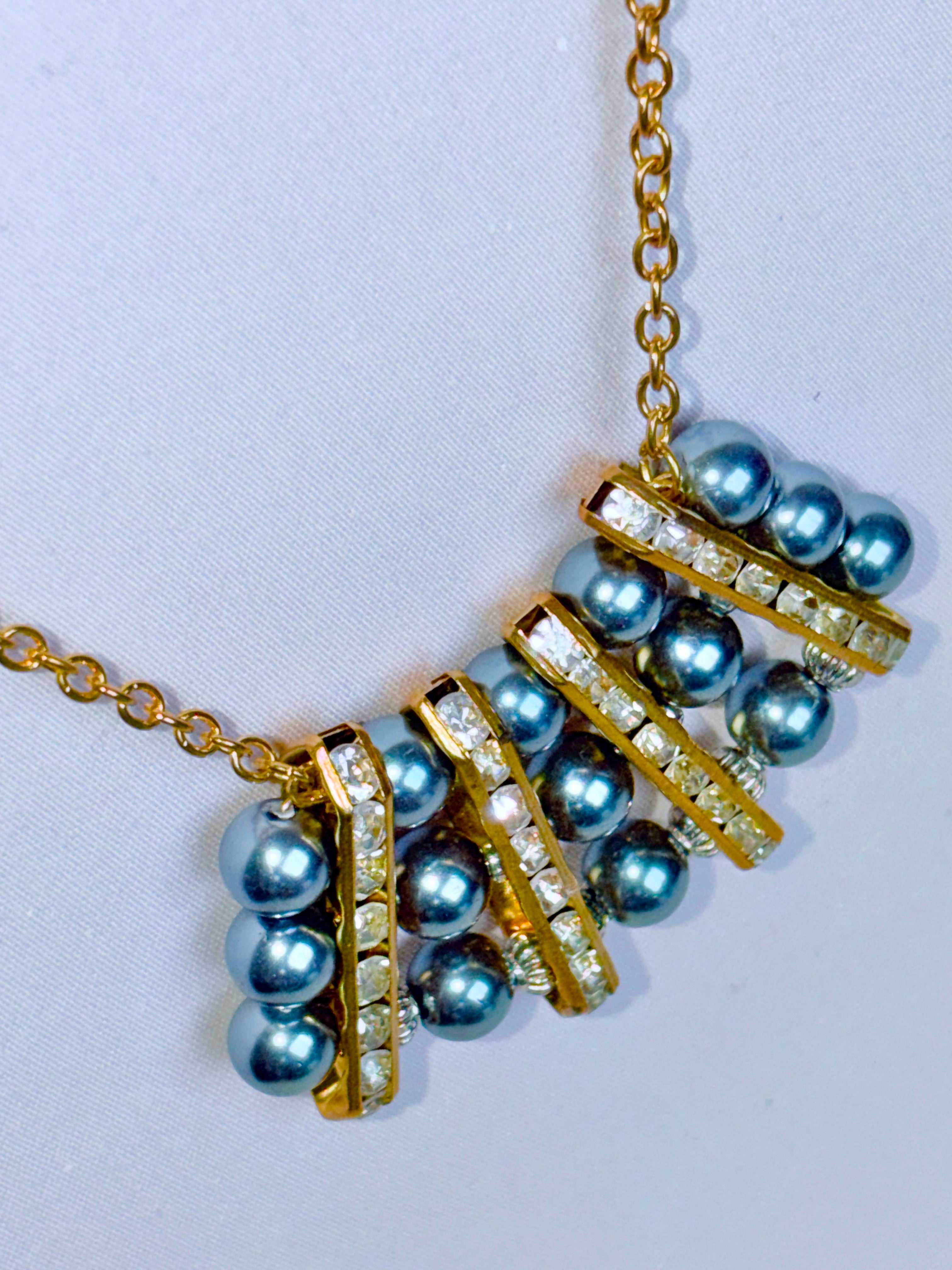 Grey Pearl and Rhinestone Bar Necklace