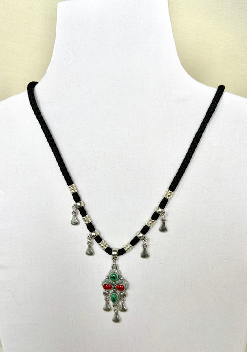 Berber Charm Necklace – Silver Pendant with Turquoise & Coral Stones