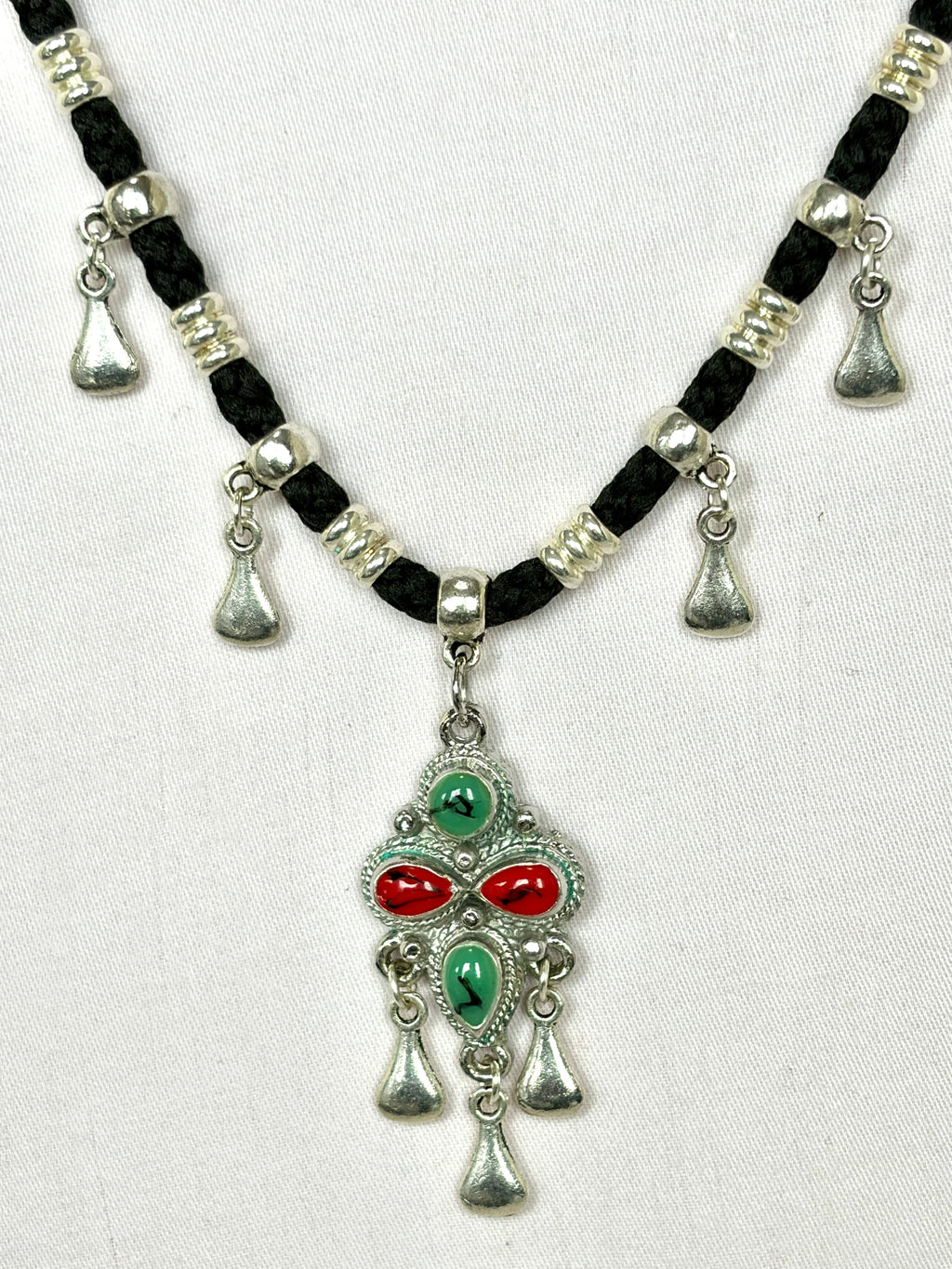 Berber Charm Necklace – Silver Pendant with Turquoise & Coral Stones