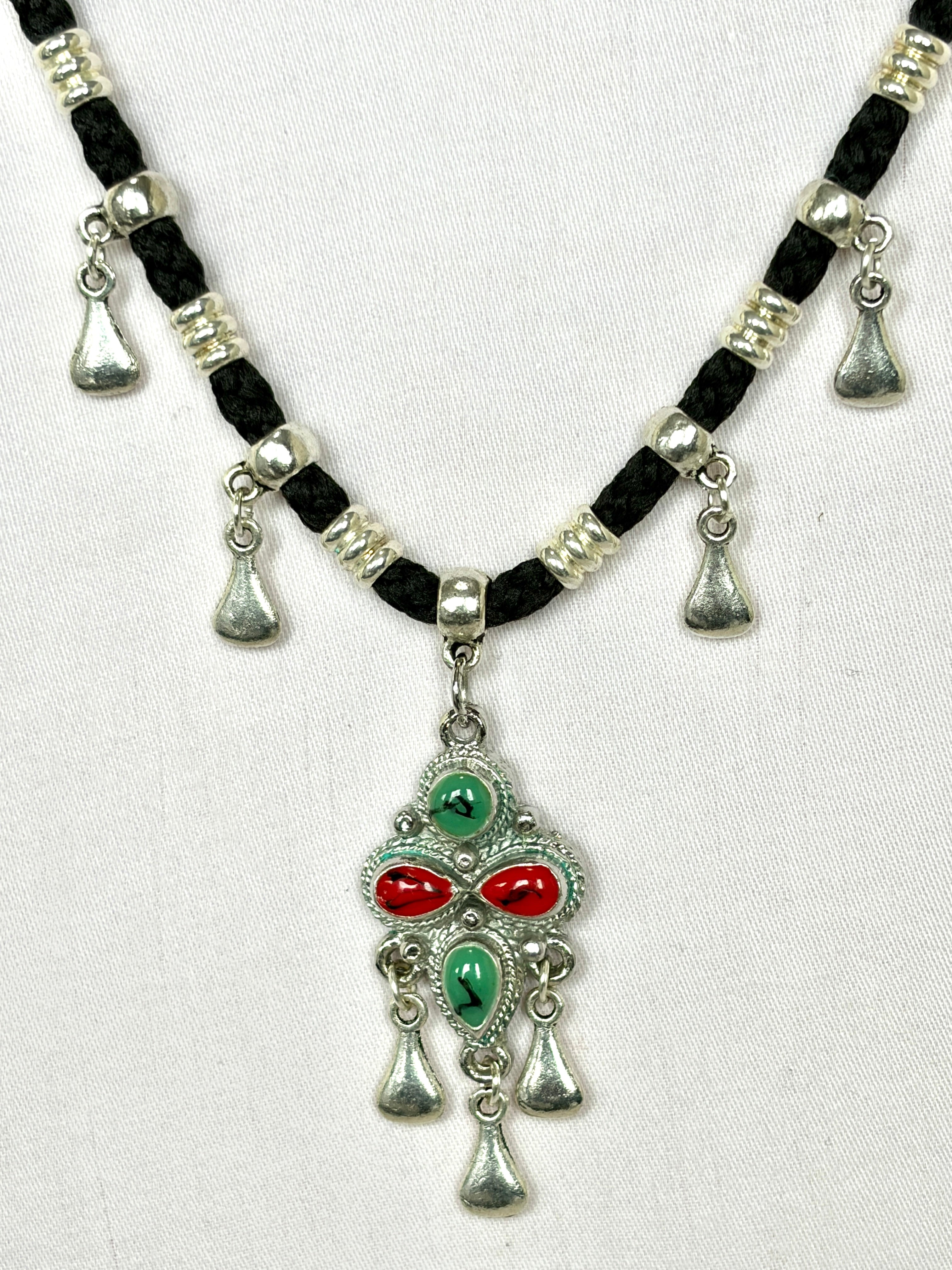 Berber Charm Necklace – Silver Pendant with Turquoise & Coral Stones