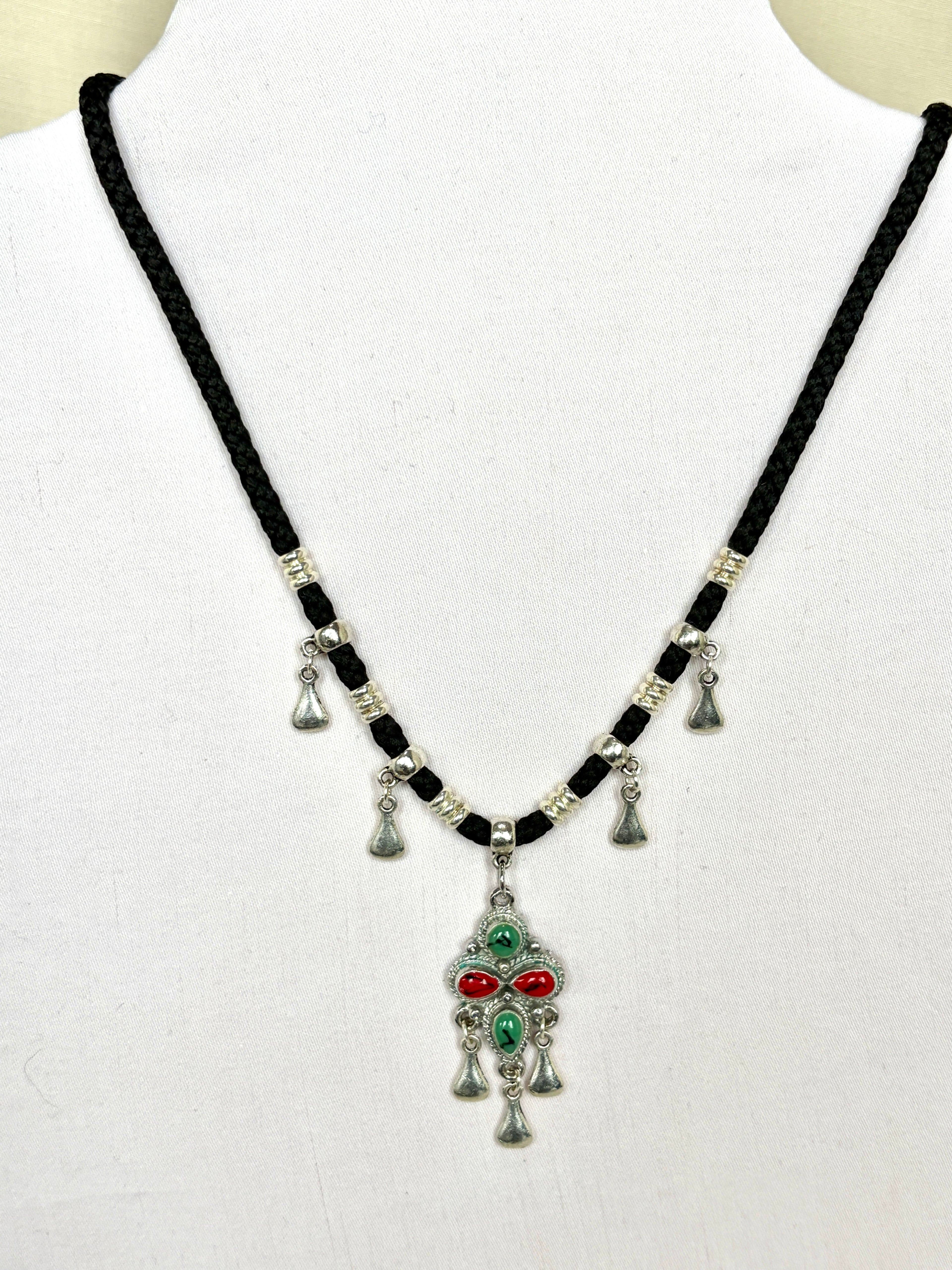 Berber Charm Necklace – Silver Pendant with Turquoise & Coral Stones