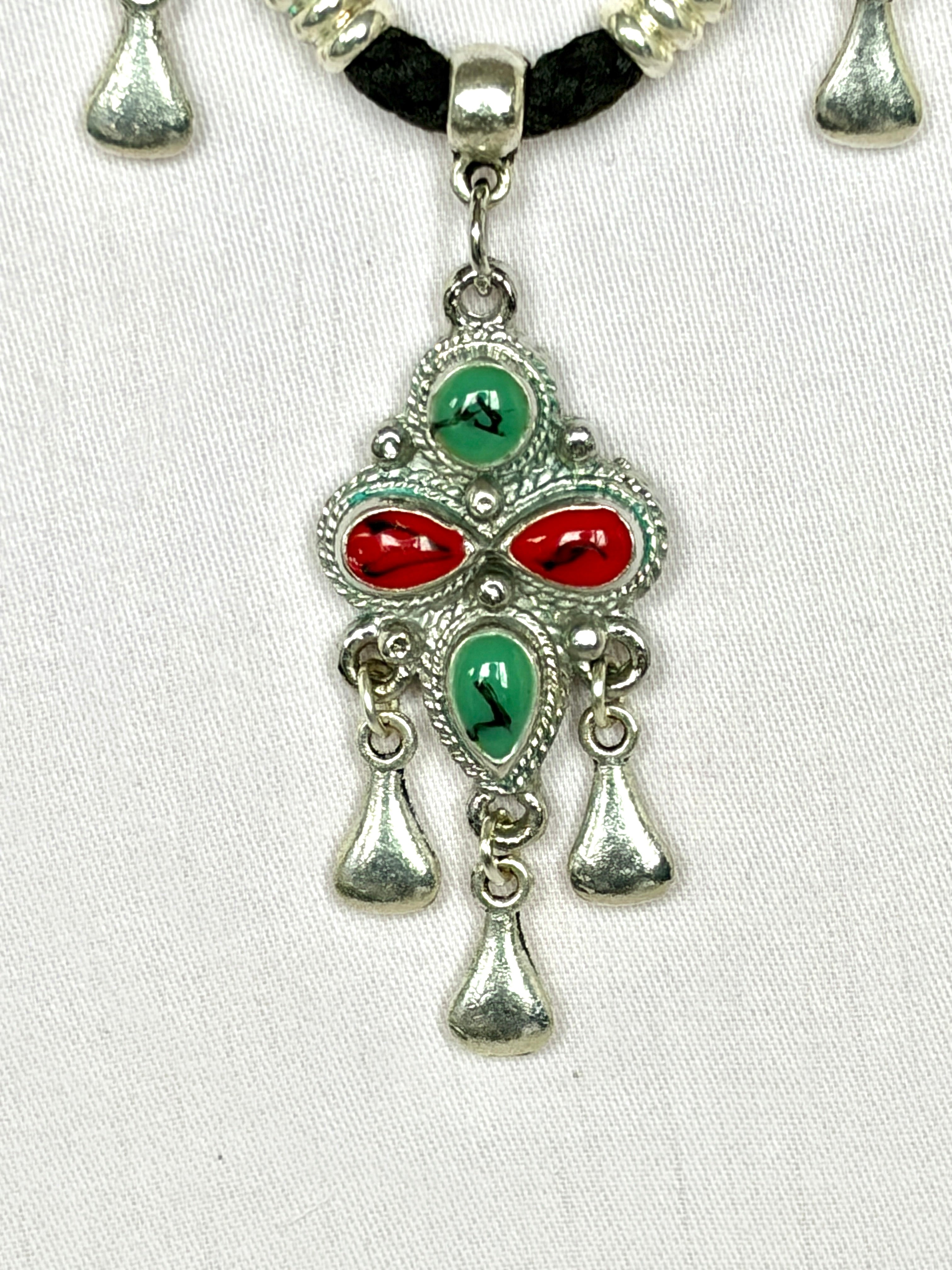 Berber Charm Necklace – Silver Pendant with Turquoise & Coral Stones
