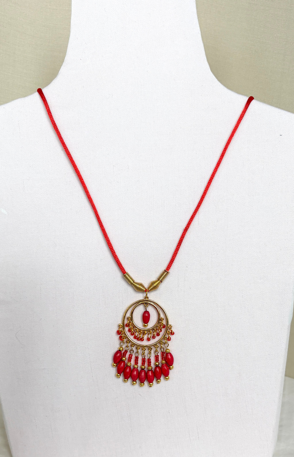 Red Coral Chandelier Necklace with Gold Beaded Fringe