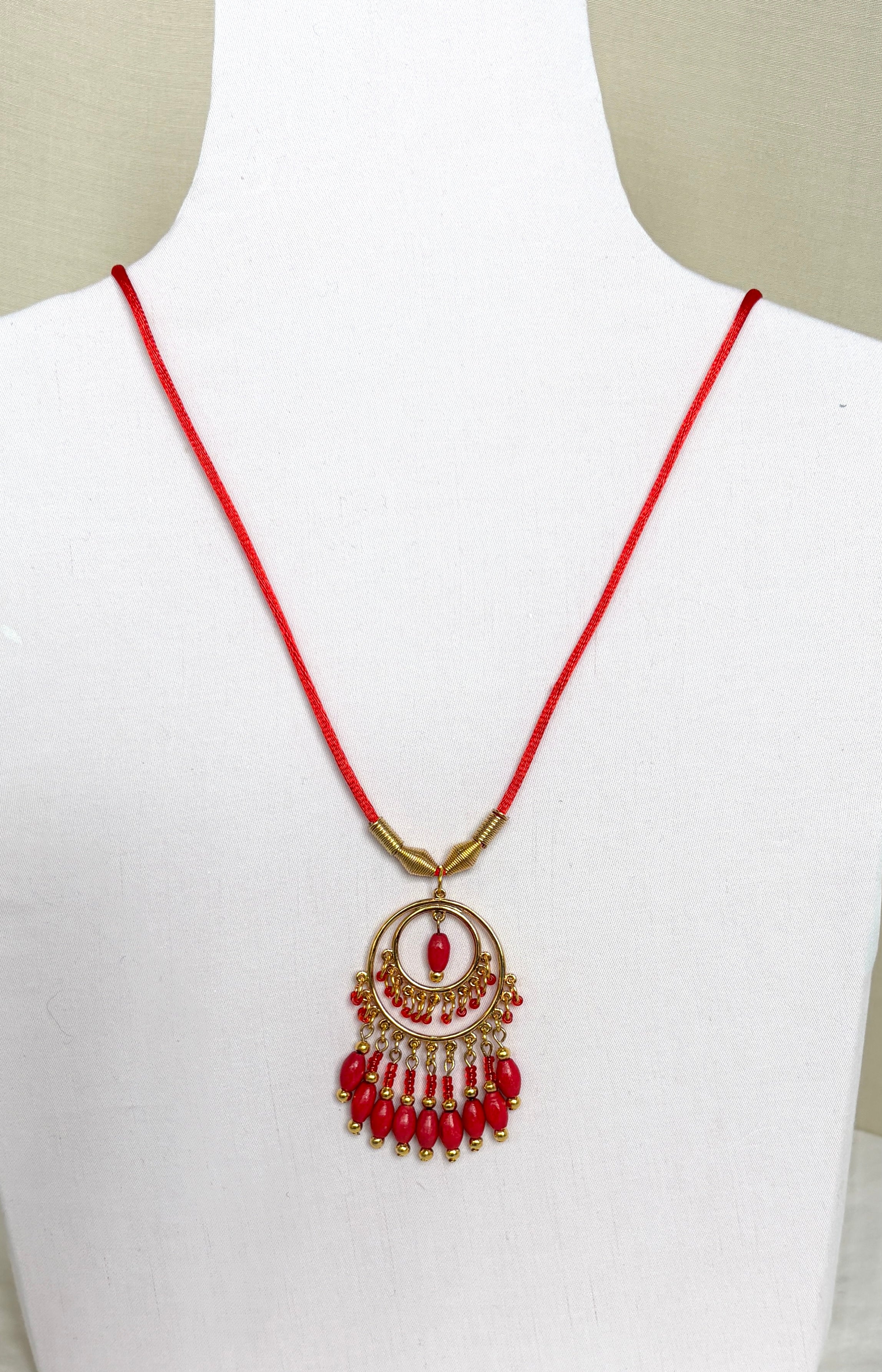 Red Coral Chandelier Necklace with Gold Beaded Fringe