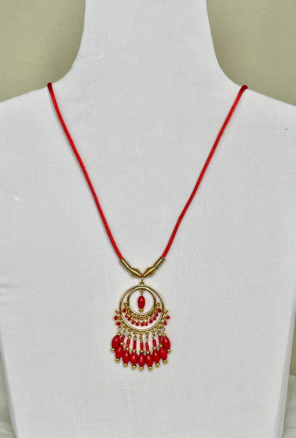 Red Coral Chandelier Necklace with Gold Beaded Fringe